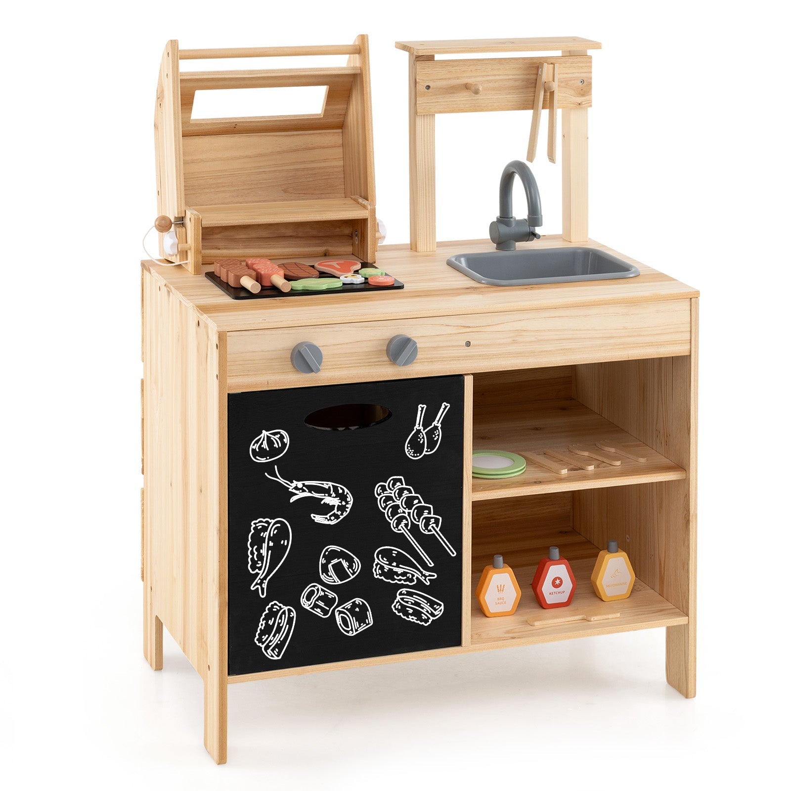 GBruno Wooden Barbecue Grill Playset with Chalkboard and Sink and Cabinet-Natural
