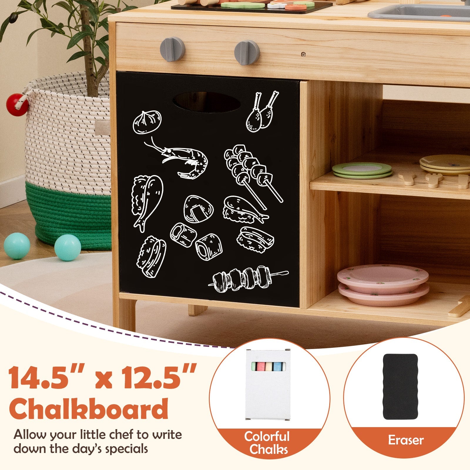 GBruno Wooden Barbecue Grill Playset with Chalkboard and Sink and Cabinet-Natural