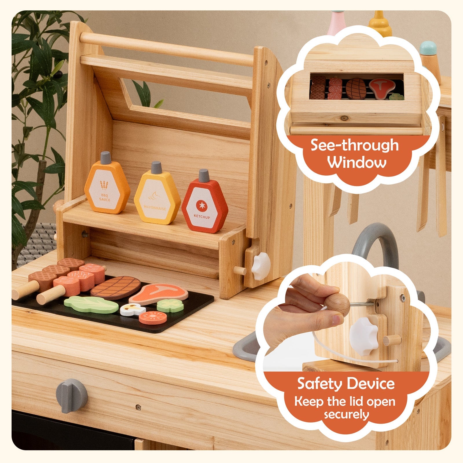 GBruno Wooden Barbecue Grill Playset with Chalkboard and Sink and Cabinet-Natural