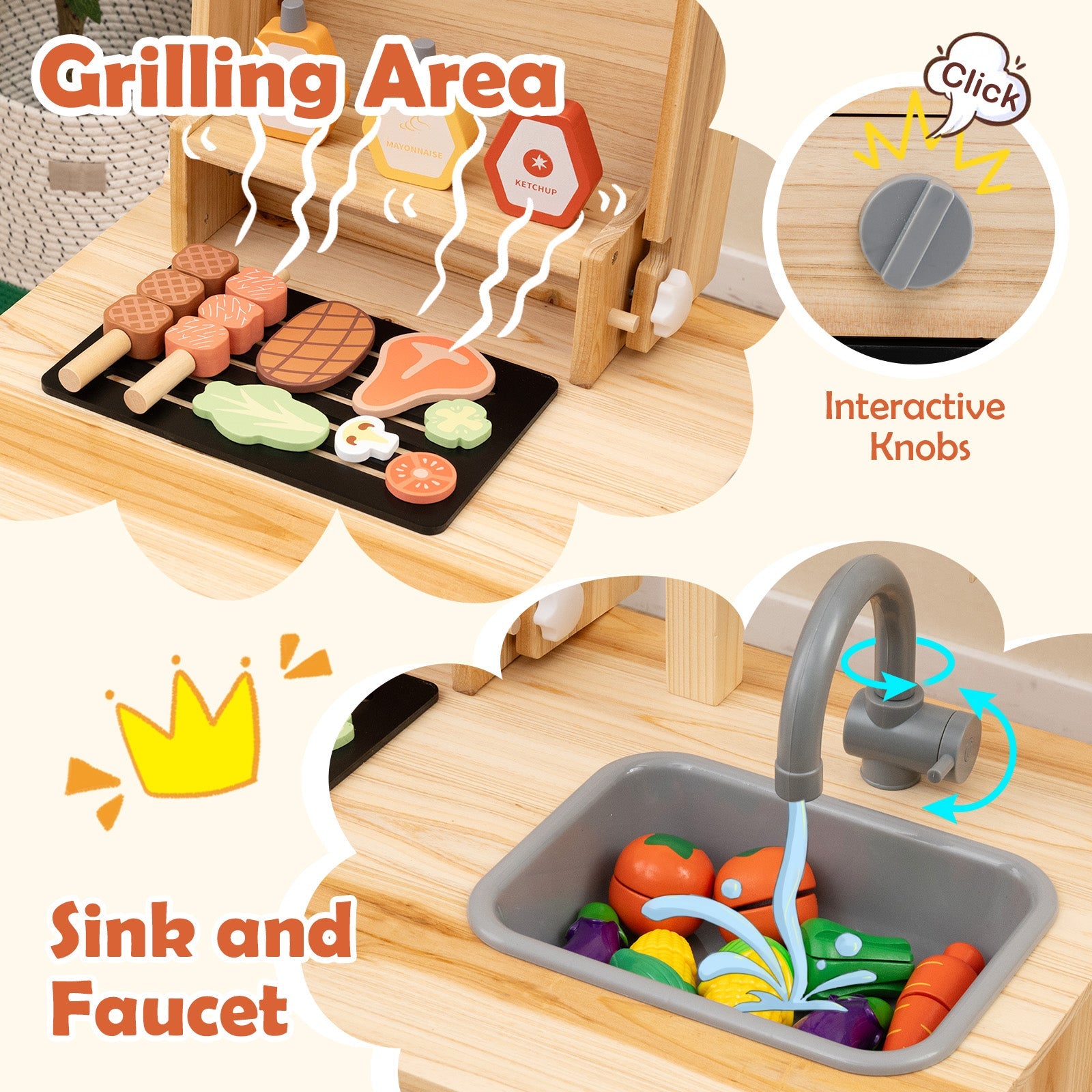 GBruno Wooden Barbecue Grill Playset with Chalkboard and Sink and Cabinet-Natural
