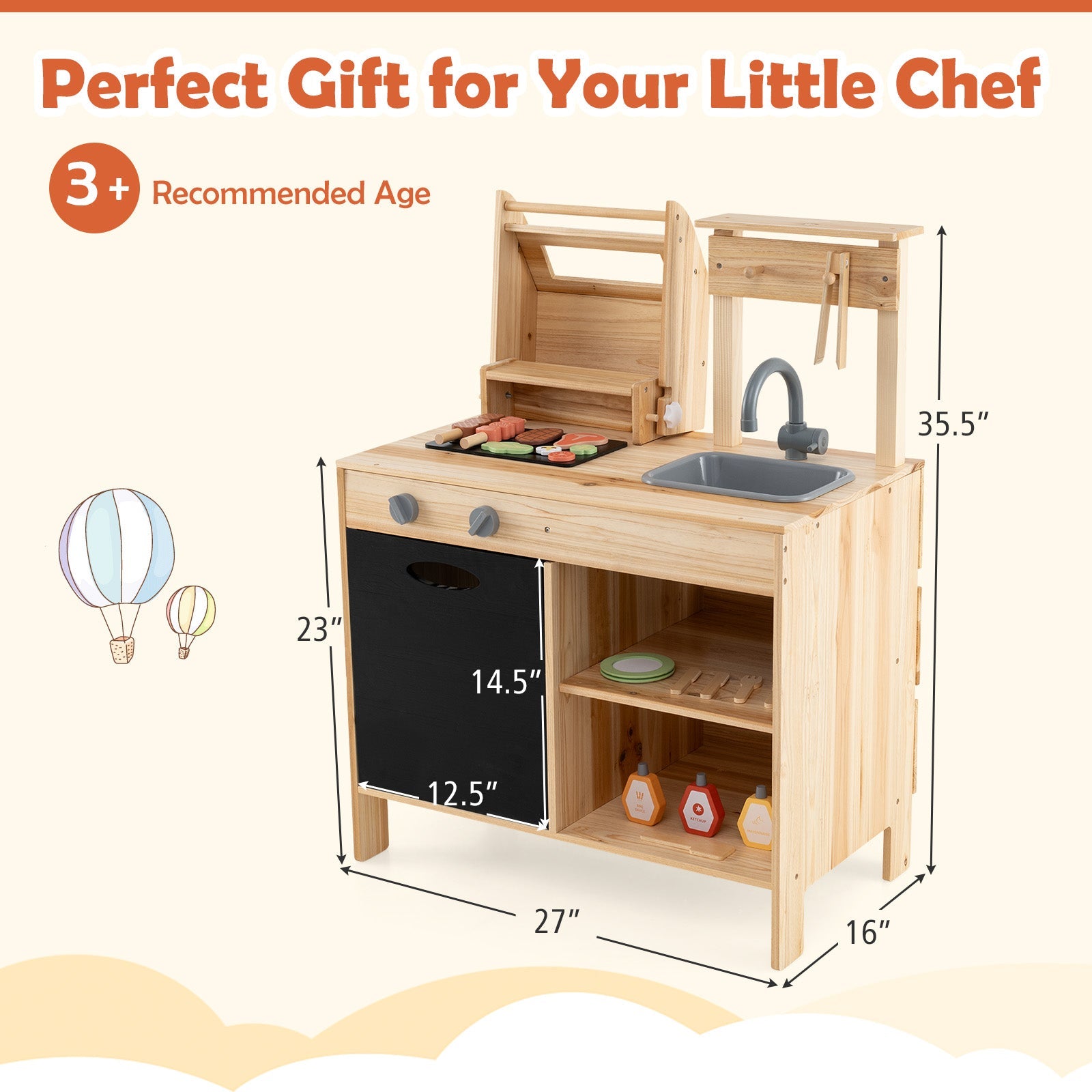 GBruno Wooden Barbecue Grill Playset with Chalkboard and Sink and Cabinet-Natural