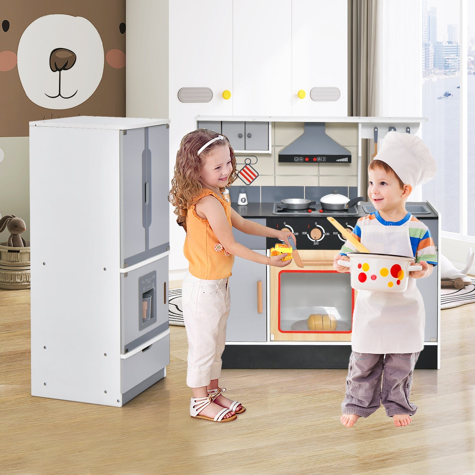 GBruno Wooden Chef Play Kitchen and Refrigerator with Realistic Range Hood and Roaster