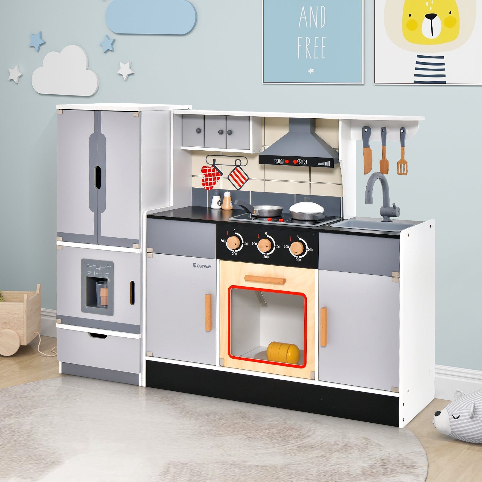 GBruno Wooden Chef Play Kitchen and Refrigerator with Realistic Range Hood and Roaster