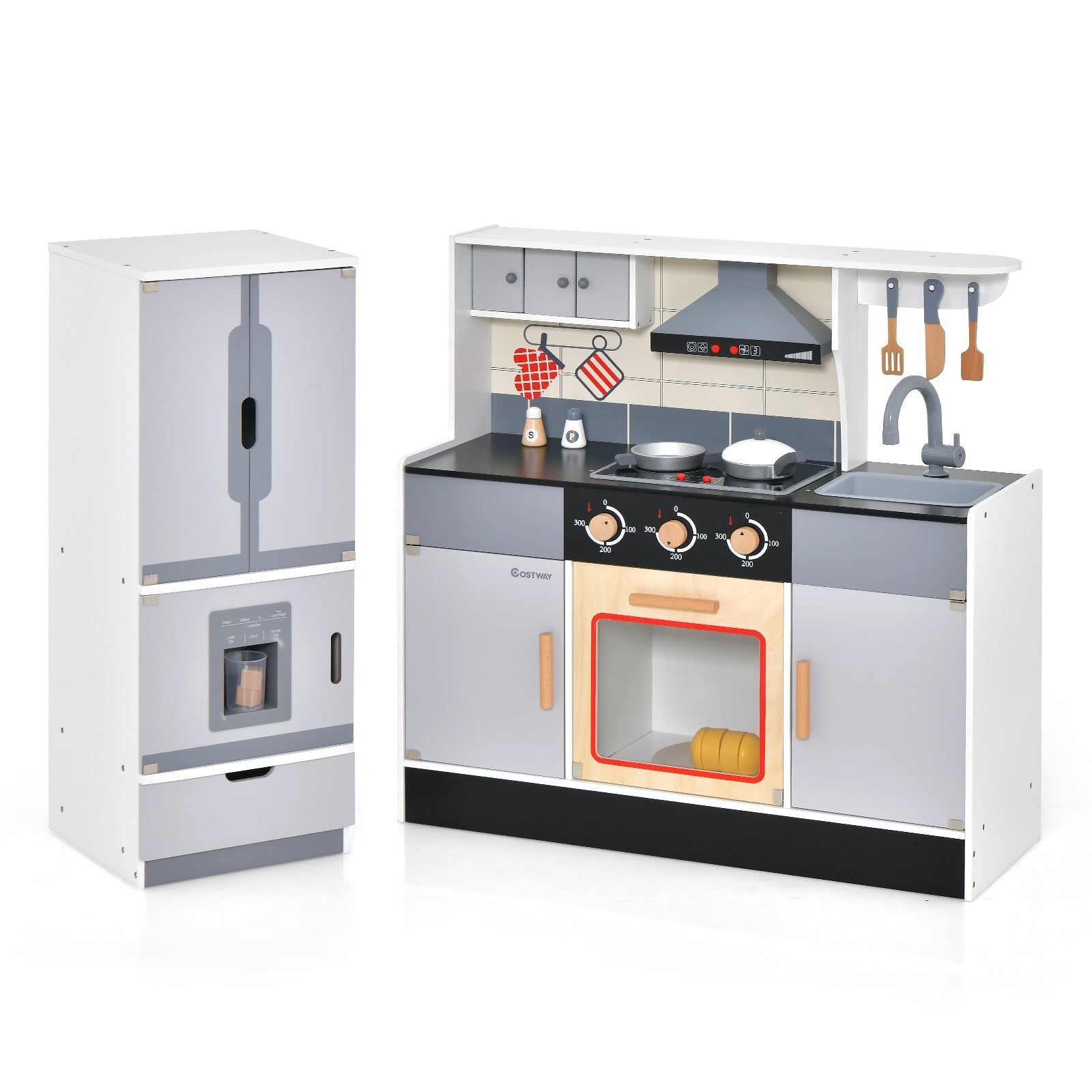 GBruno Wooden Chef Play Kitchen and Refrigerator with Realistic Range Hood and Roaster
