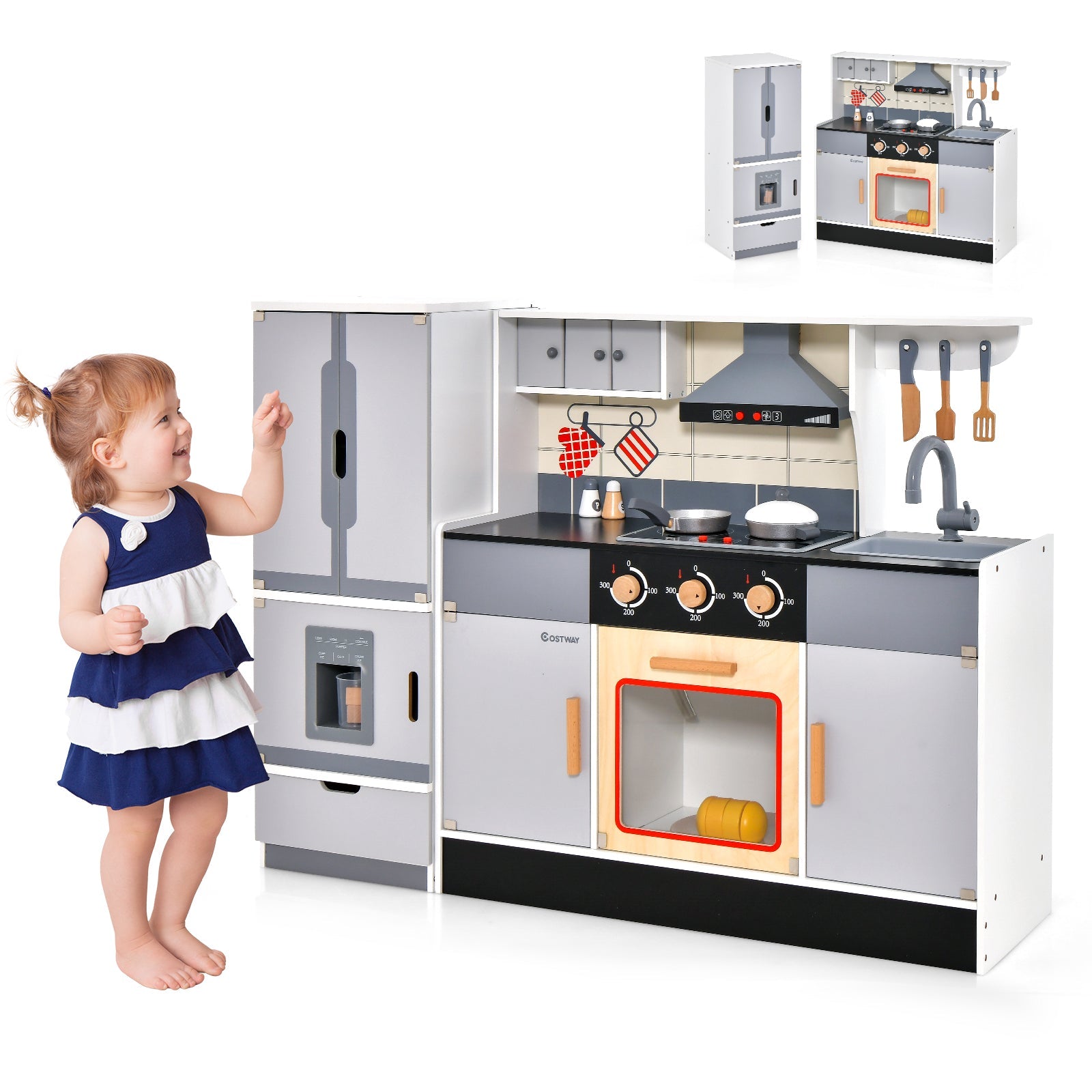 GBruno Wooden Chef Play Kitchen and Refrigerator with Realistic Range Hood and Roaster