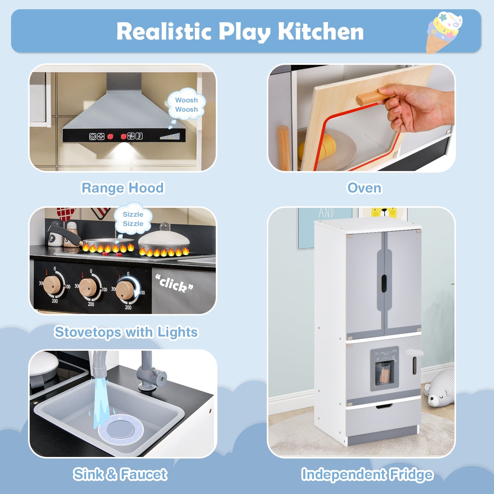 GBruno Wooden Chef Play Kitchen and Refrigerator with Realistic Range Hood and Roaster