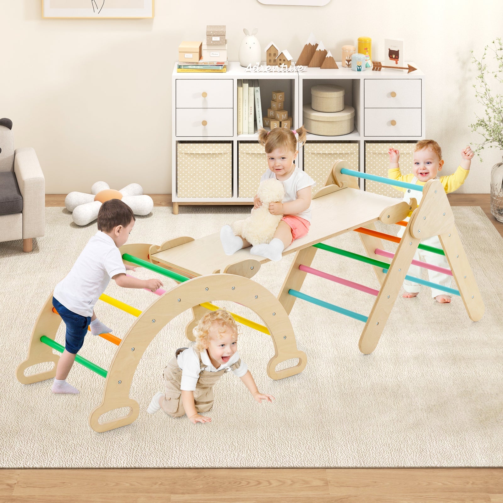 5-in-1 Wooden Kids Climber Toys with Triangle Arch Ramp-Multicolor