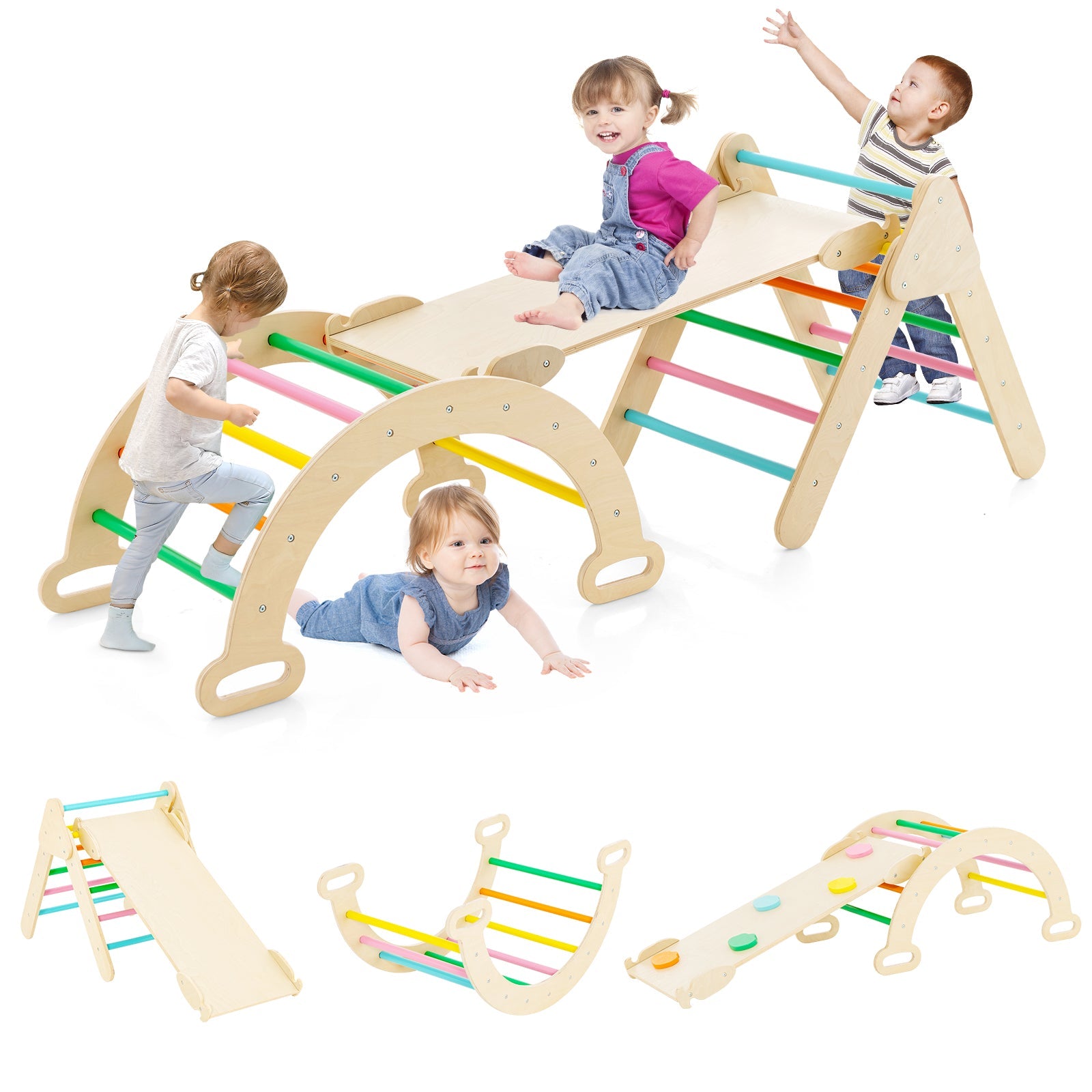 5-in-1 Wooden Kids Climber Toys with Triangle Arch Ramp-Multicolor
