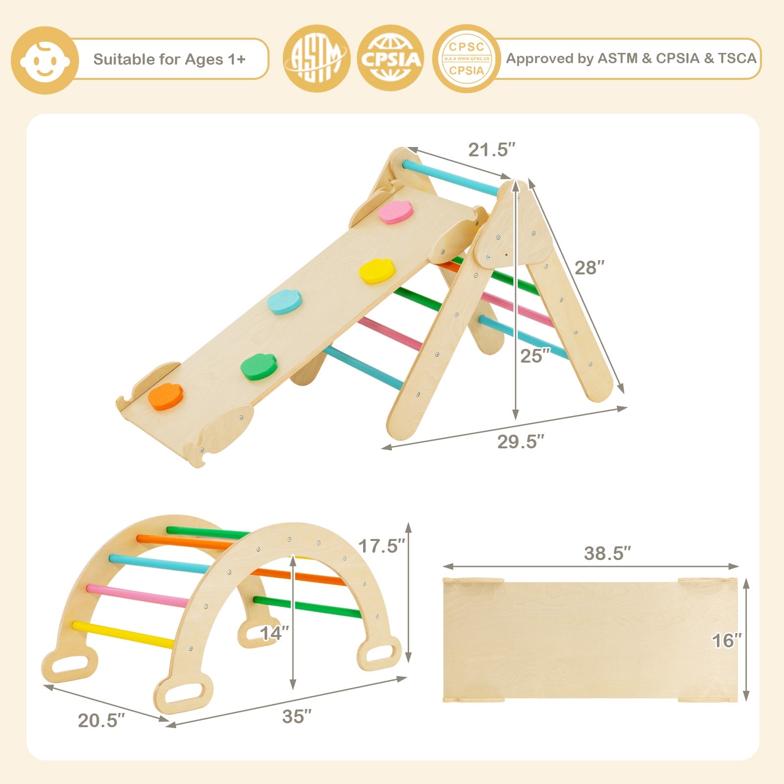 5-in-1 Wooden Kids Climber Toys with Triangle Arch Ramp-Multicolor
