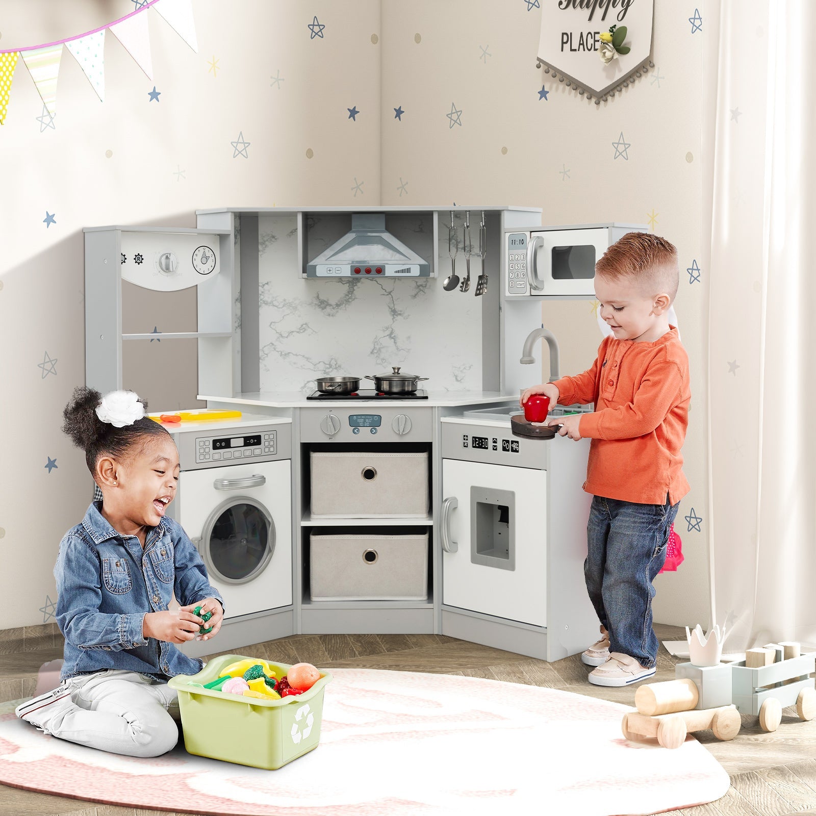 GBruno Wooden Kids Play Kitchen Playset with Realistic Lights and Sounds-Gray