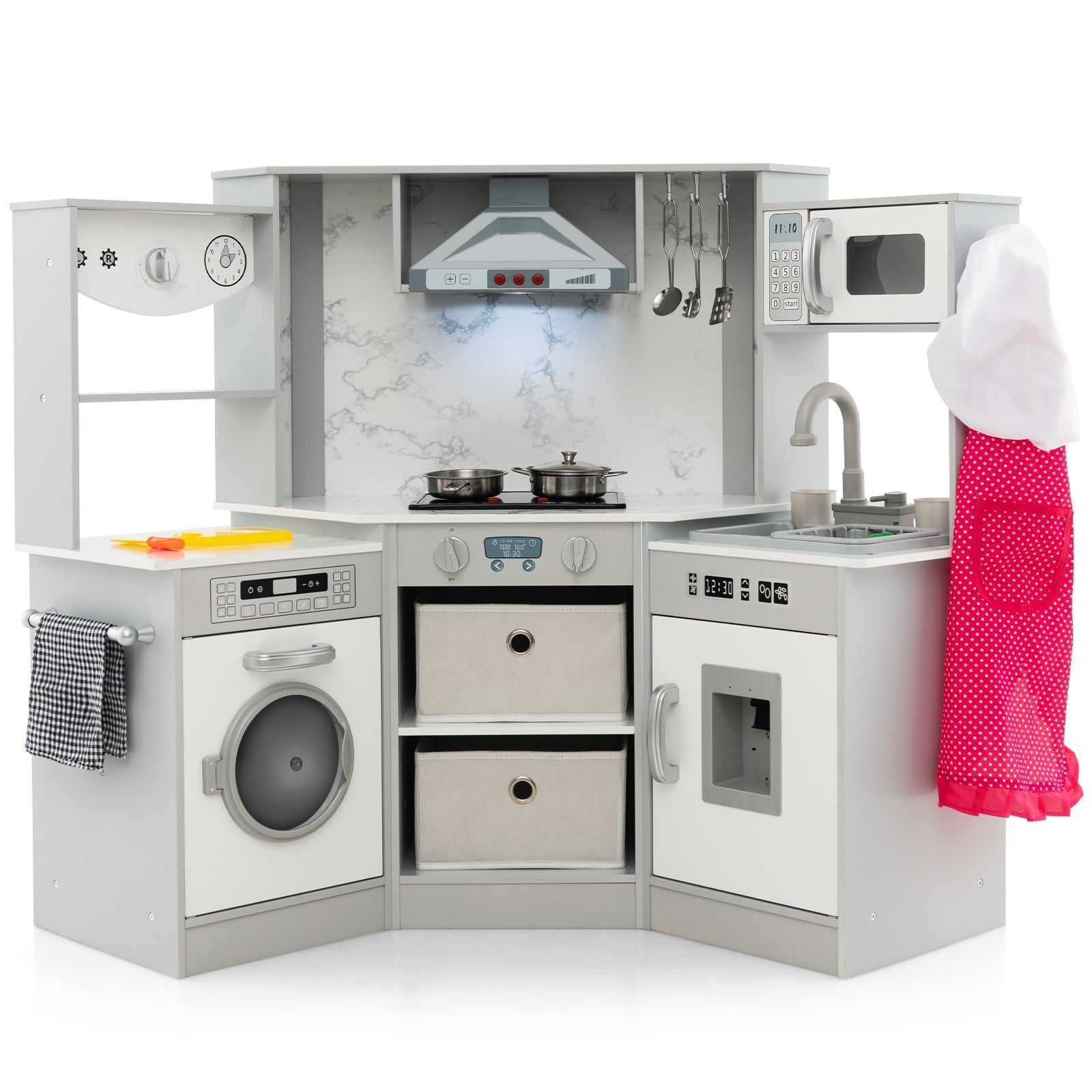 GBruno Wooden Kids Play Kitchen Playset with Realistic Lights and Sounds-Gray