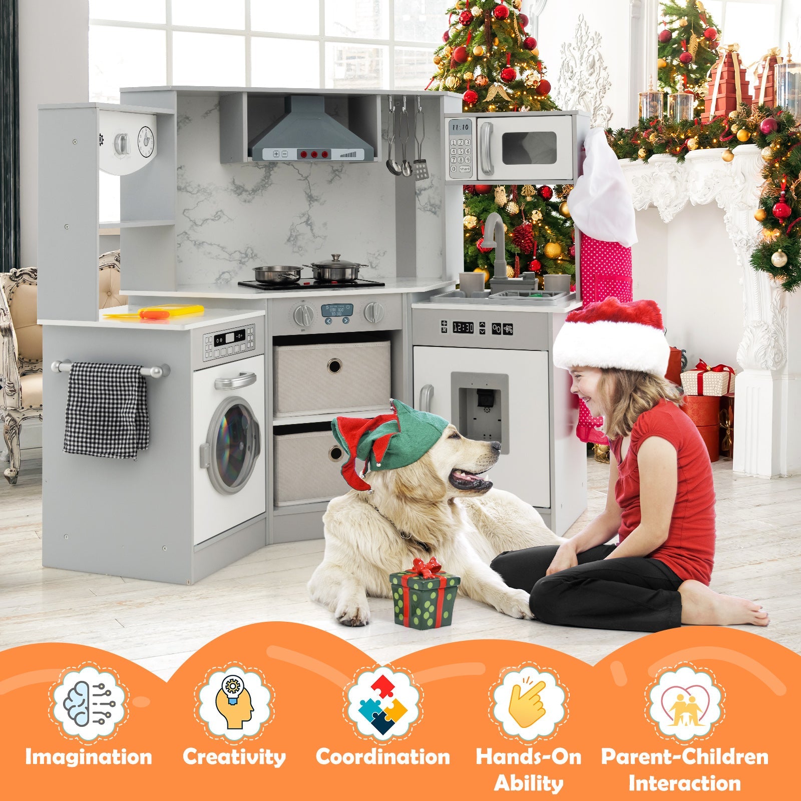 GBruno Wooden Kids Play Kitchen Playset with Realistic Lights and Sounds-Gray