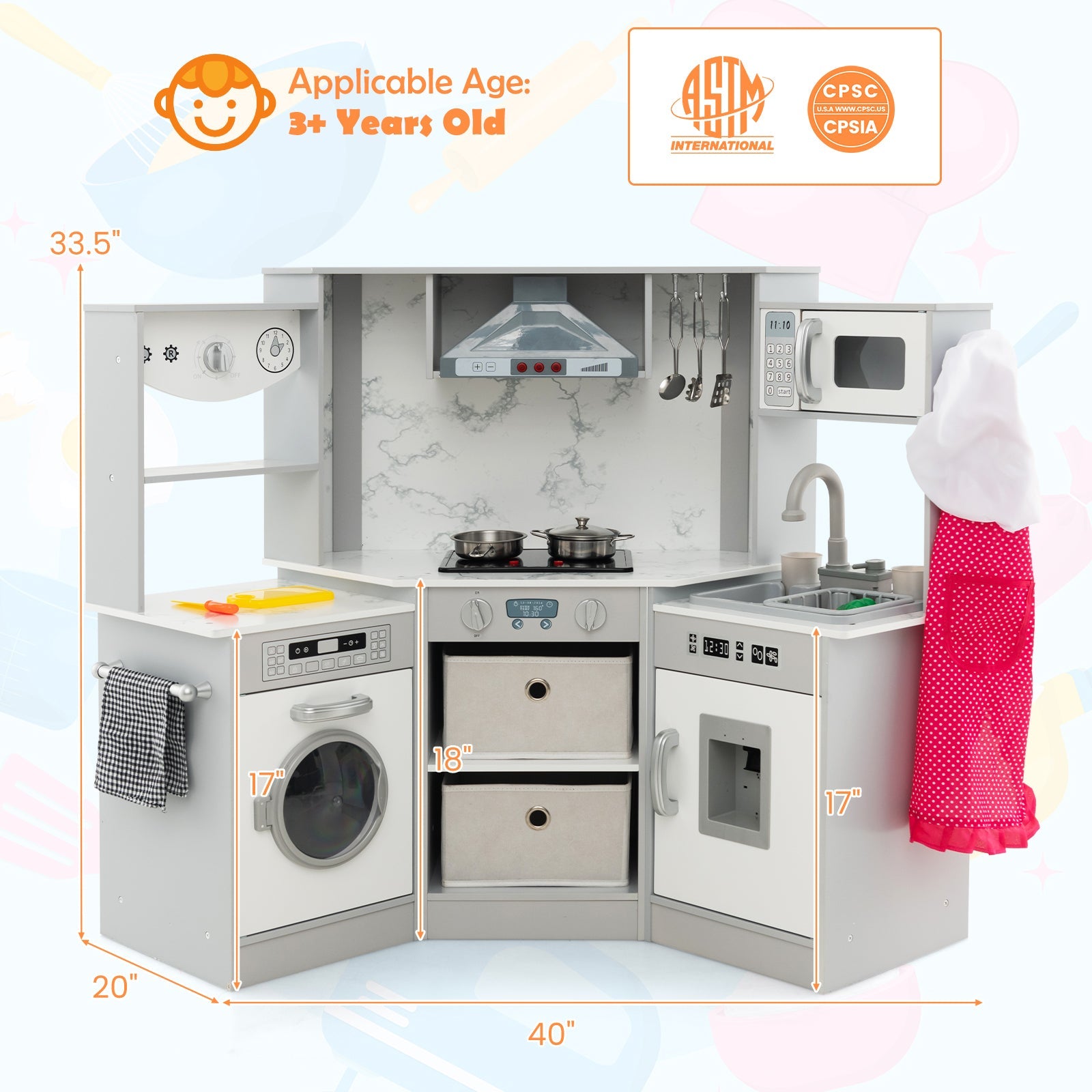 GBruno Wooden Kids Play Kitchen Playset with Realistic Lights and Sounds-Gray
