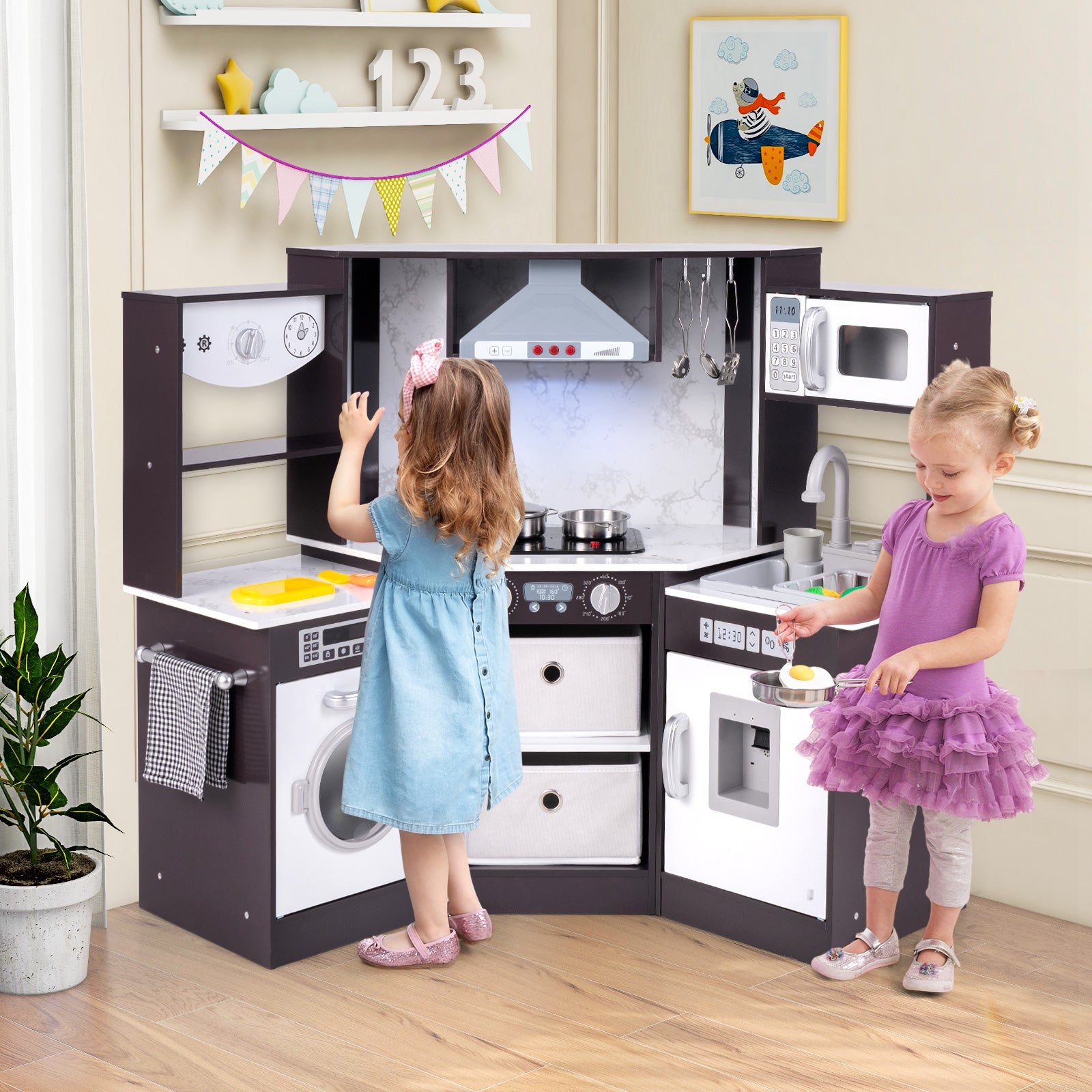GBruno Wooden Kids Play Kitchen Playset with Realistic Lights and Sounds-Coffee