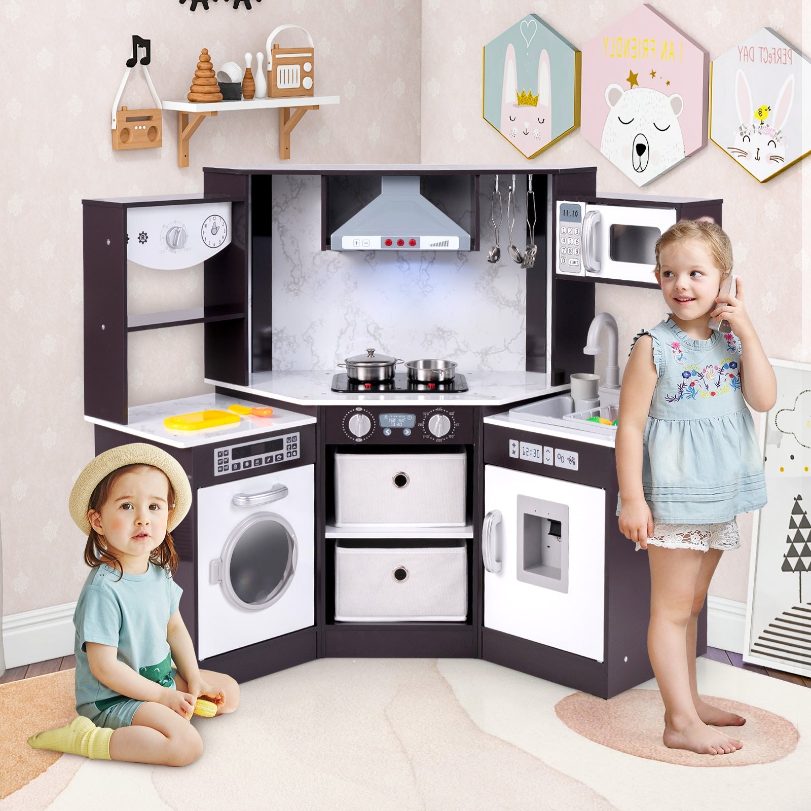 GBruno Wooden Kids Play Kitchen Playset with Realistic Lights and Sounds-Coffee