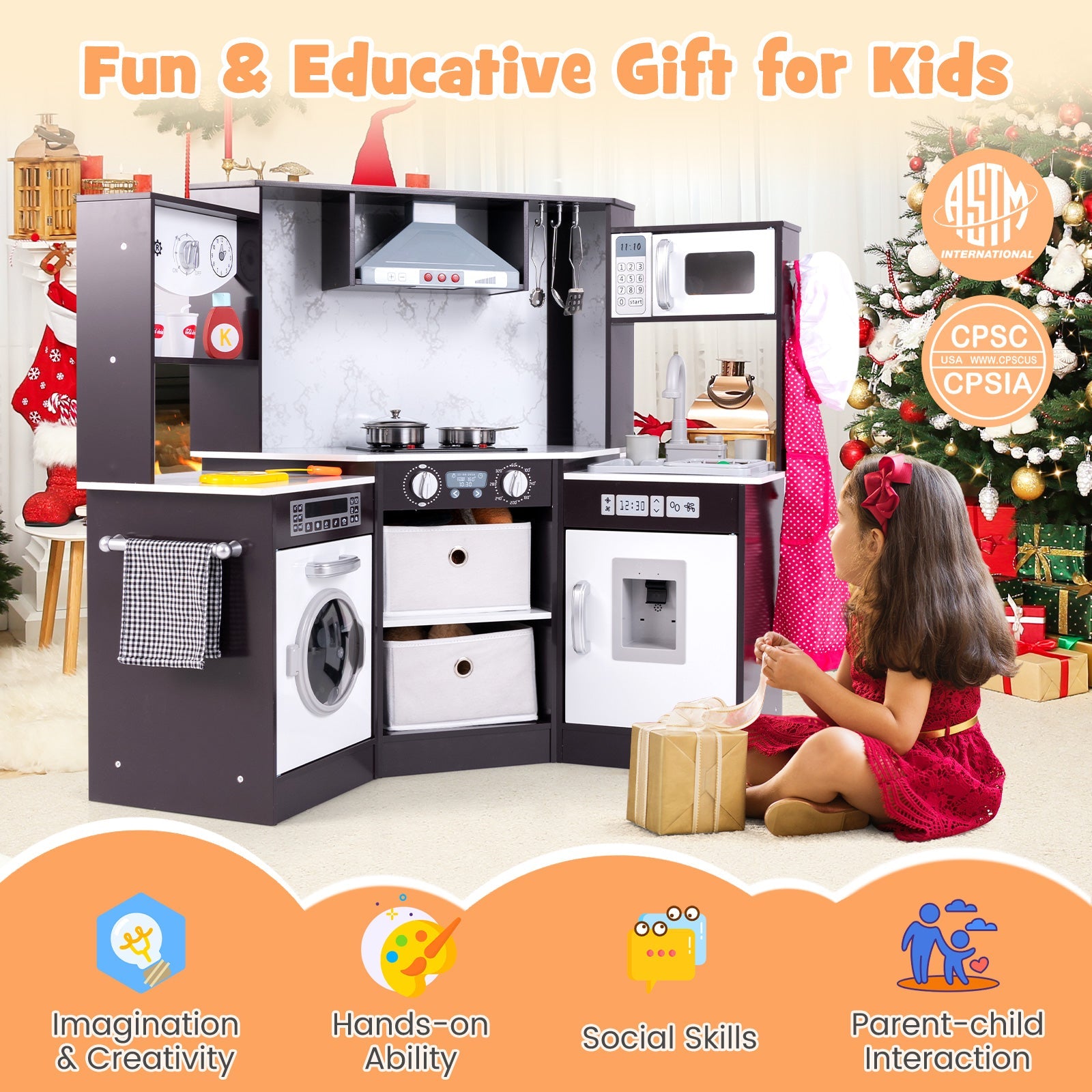 GBruno Wooden Kids Play Kitchen Playset with Realistic Lights and Sounds-Coffee