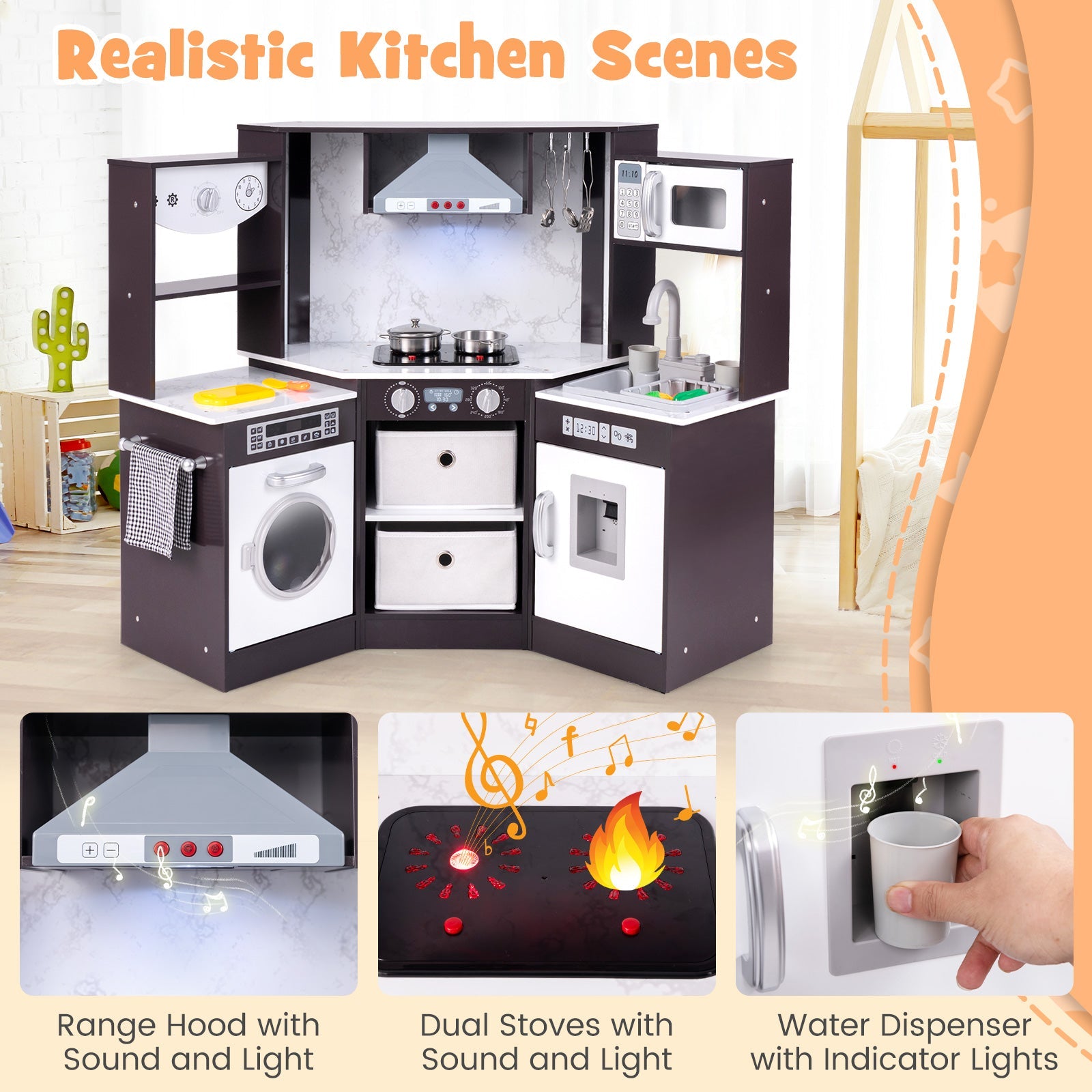 GBruno Wooden Kids Play Kitchen Playset with Realistic Lights and Sounds-Coffee