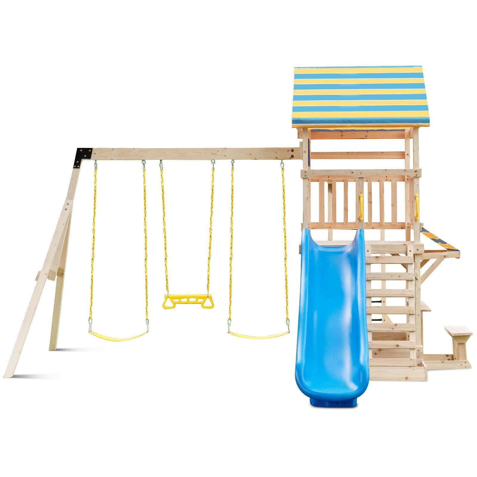 GBruno Wooden Swing Set with Large Upper Deck Slide and Steering Wheel