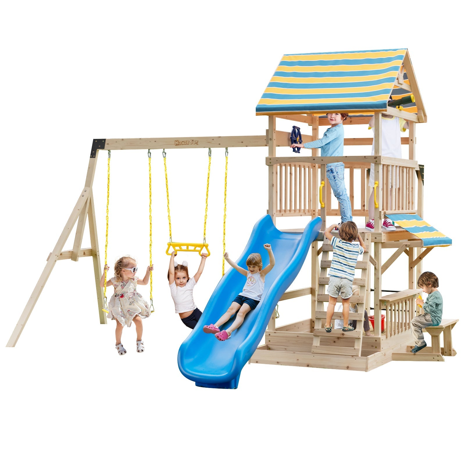 GBruno Wooden Swing Set with Large Upper Deck Slide and Steering Wheel