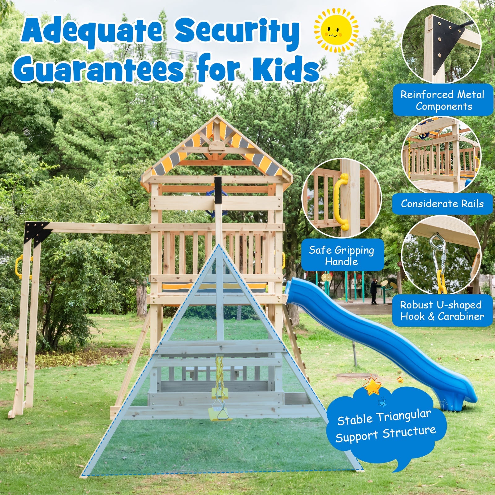 GBruno Wooden Swing Set with Large Upper Deck Slide and Steering Wheel