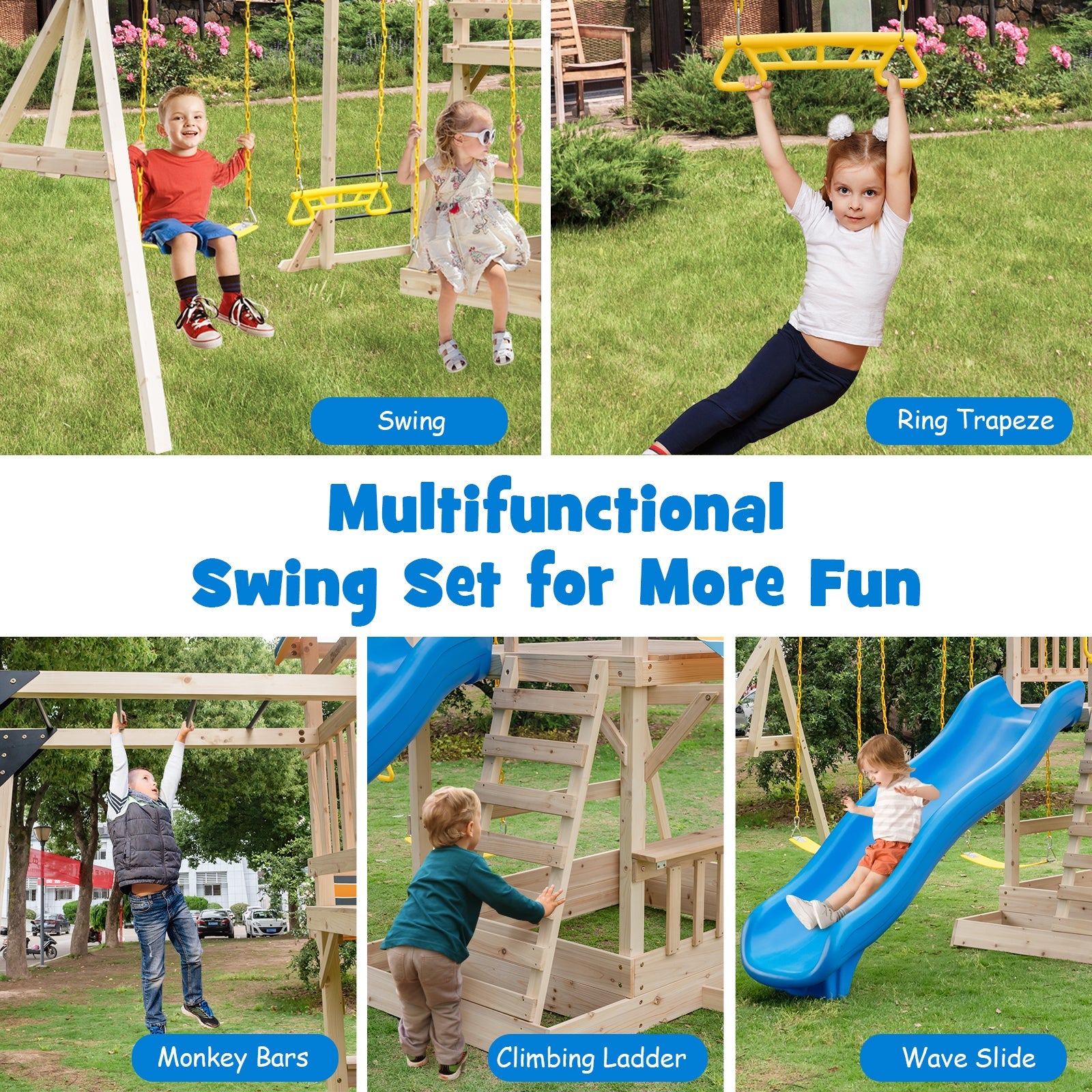 GBruno Wooden Swing Set with Large Upper Deck Slide and Steering Wheel