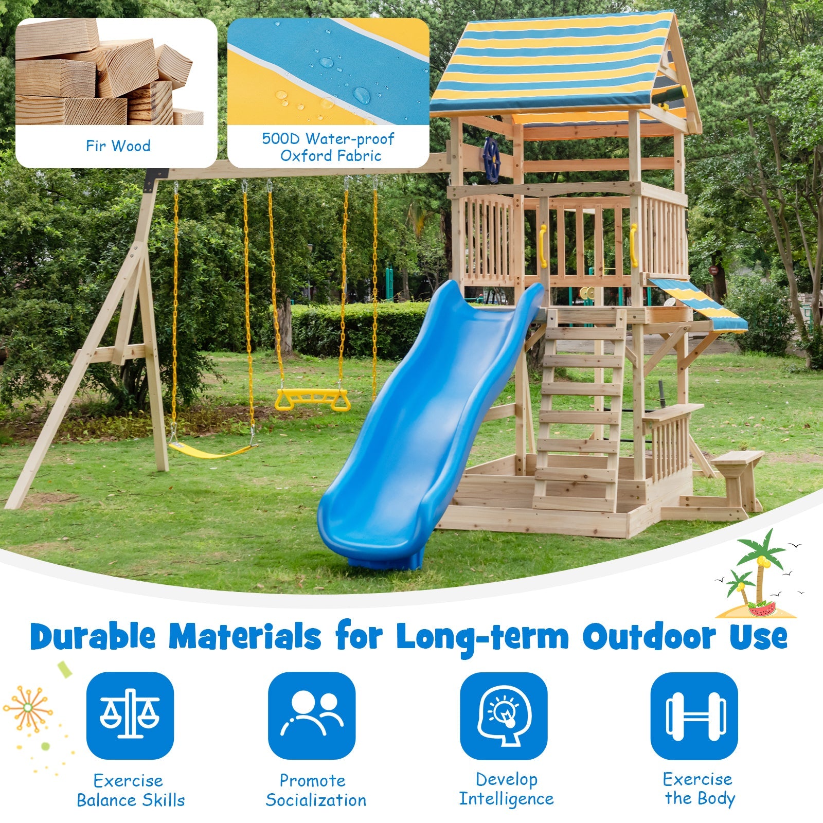 GBruno Wooden Swing Set with Large Upper Deck Slide and Steering Wheel