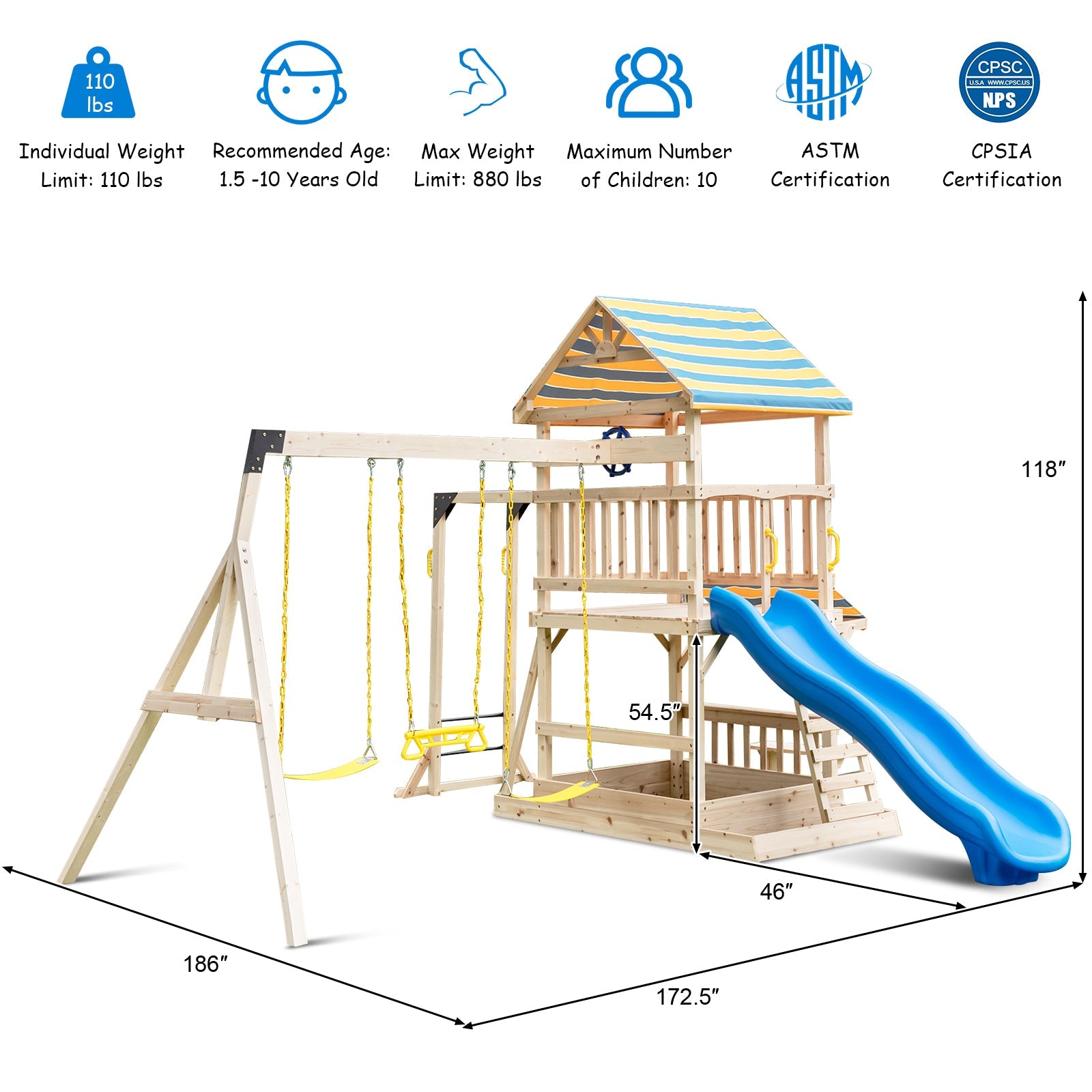 GBruno Wooden Swing Set with Large Upper Deck Slide and Steering Wheel