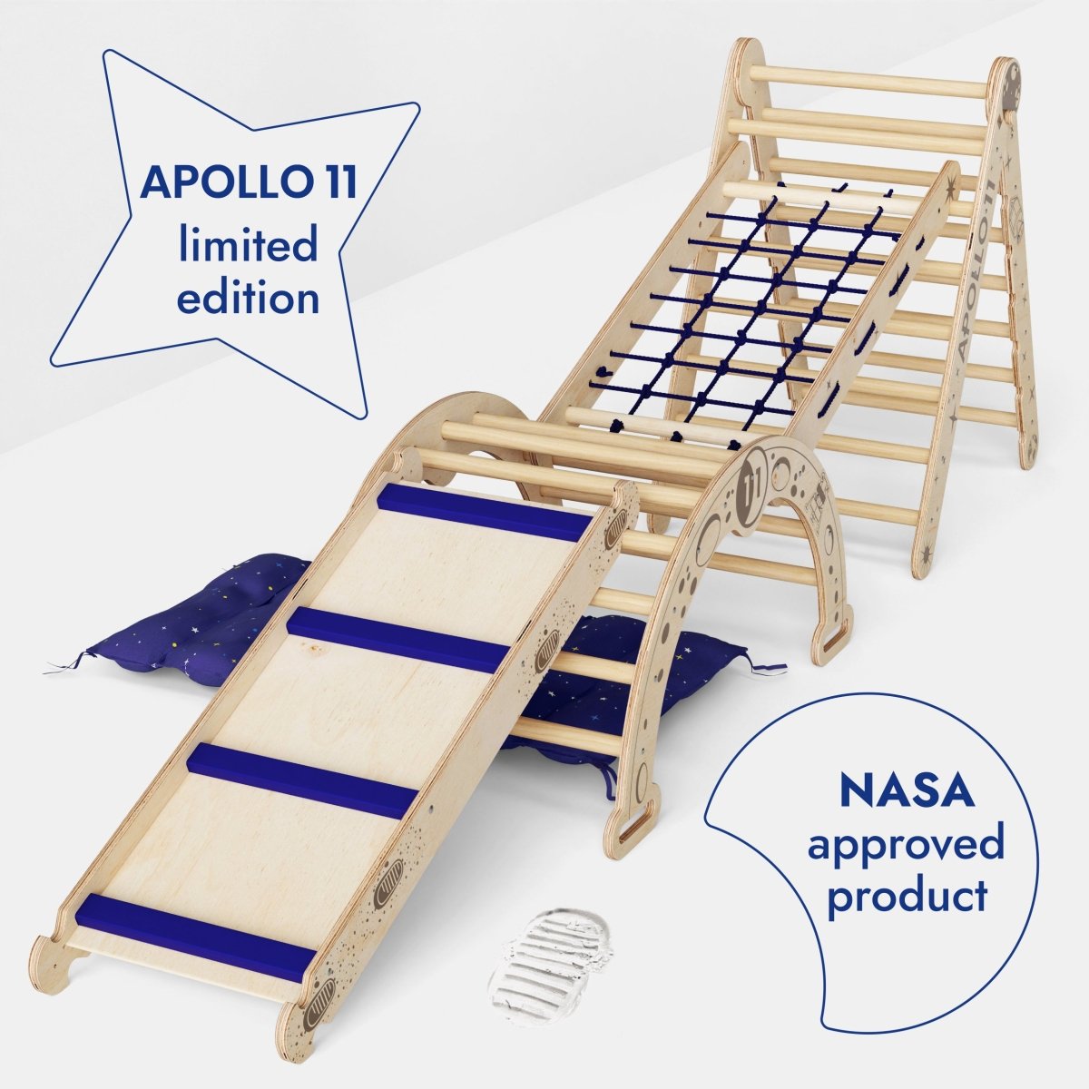 Goodevas Apollo 5in1 Climbing Set:  Pikler Triangle, Net, Arch, Slide Board, and Cushion for Little Astronauts