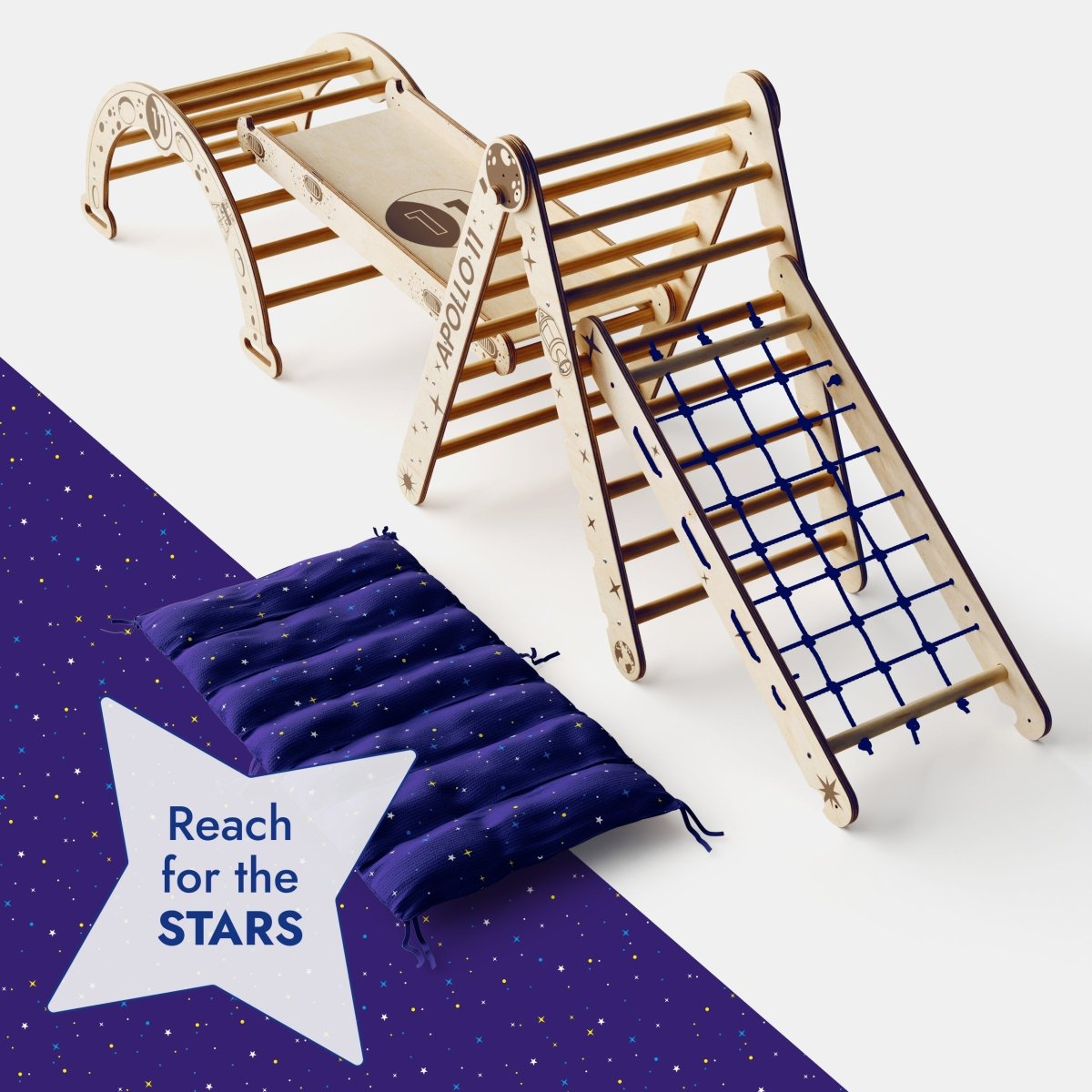 Goodevas Apollo 5in1 Climbing Set:  Pikler Triangle, Net, Arch, Slide Board, and Cushion for Little Astronauts