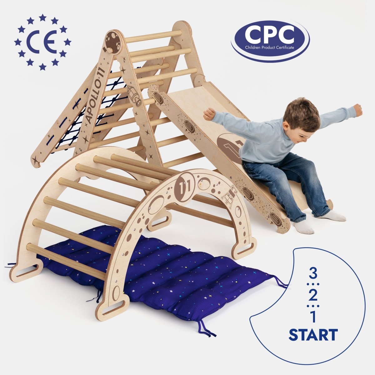 Goodevas Apollo 5in1 Climbing Set:  Pikler Triangle, Net, Arch, Slide Board, and Cushion for Little Astronauts