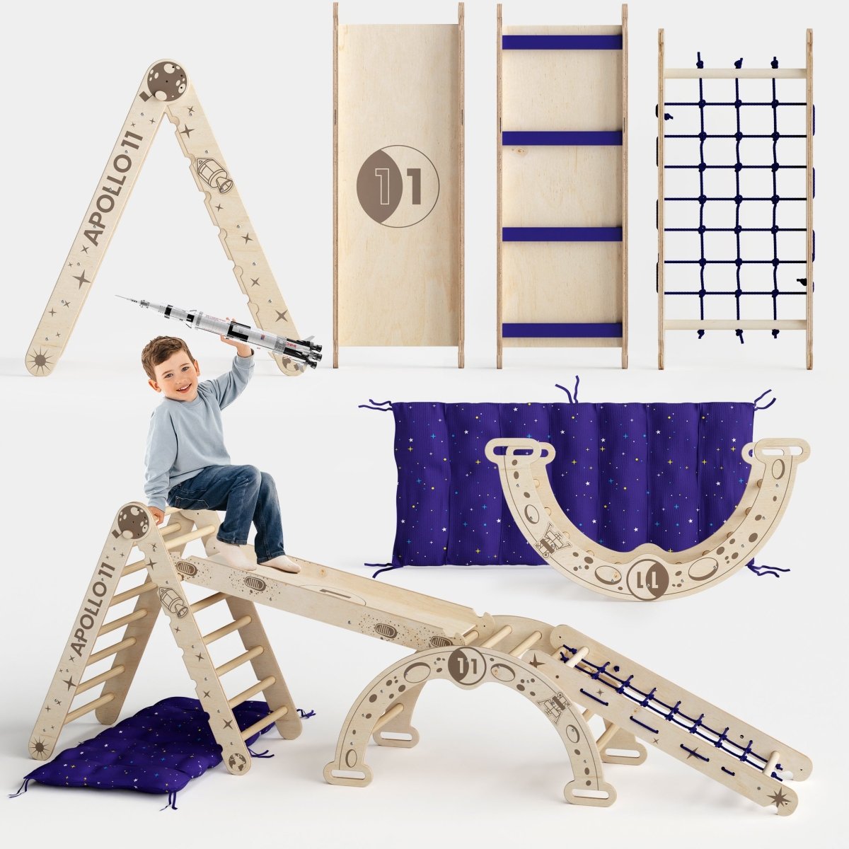 Goodevas Apollo 5in1 Climbing Set:  Pikler Triangle, Net, Arch, Slide Board, and Cushion for Little Astronauts