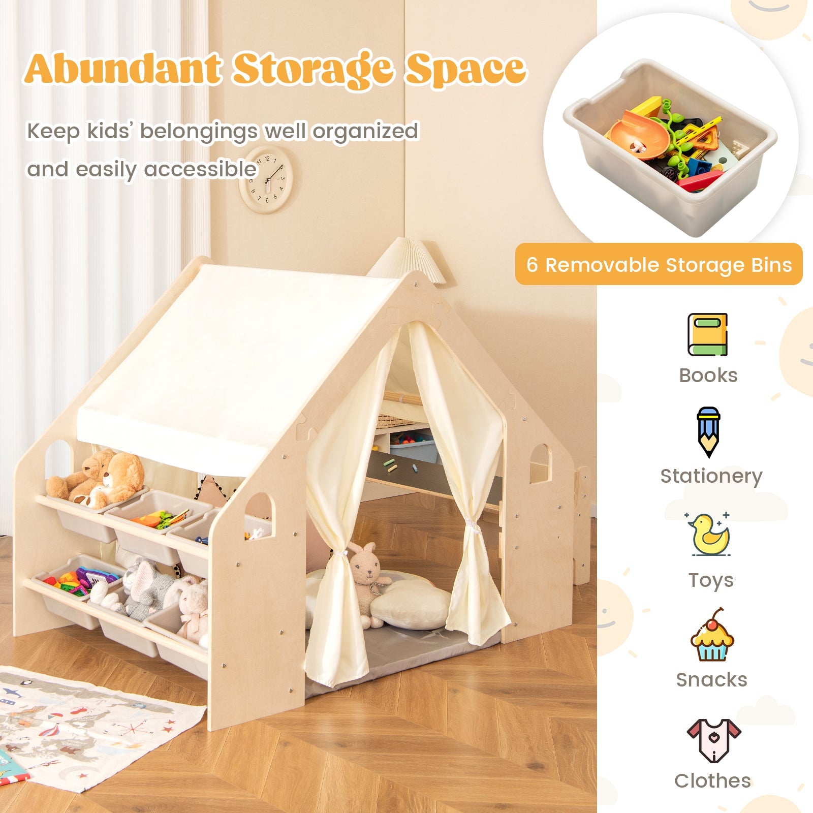 GBruno 6-in-1 Kids Play Tent Playhouse with Blackboard 6 Storage Bins and Floor Cushion-Beige