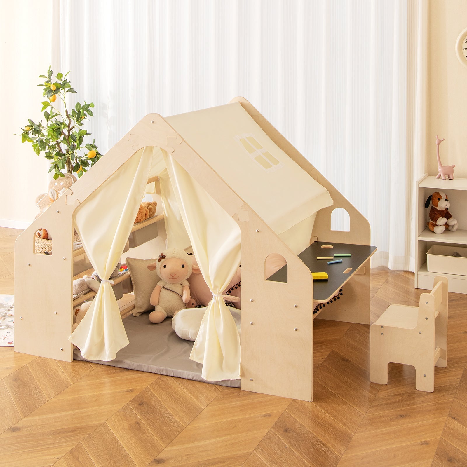 GBruno 6-in-1 Kids Play Tent Playhouse with Blackboard 6 Storage Bins and Floor Cushion-Beige