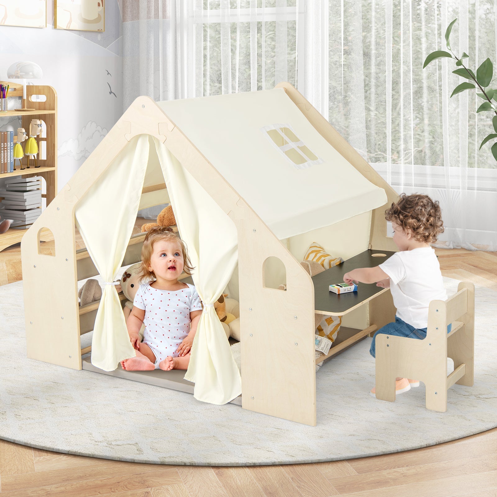 GBruno 6-in-1 Kids Play Tent Playhouse with Blackboard 6 Storage Bins and Floor Cushion-Beige