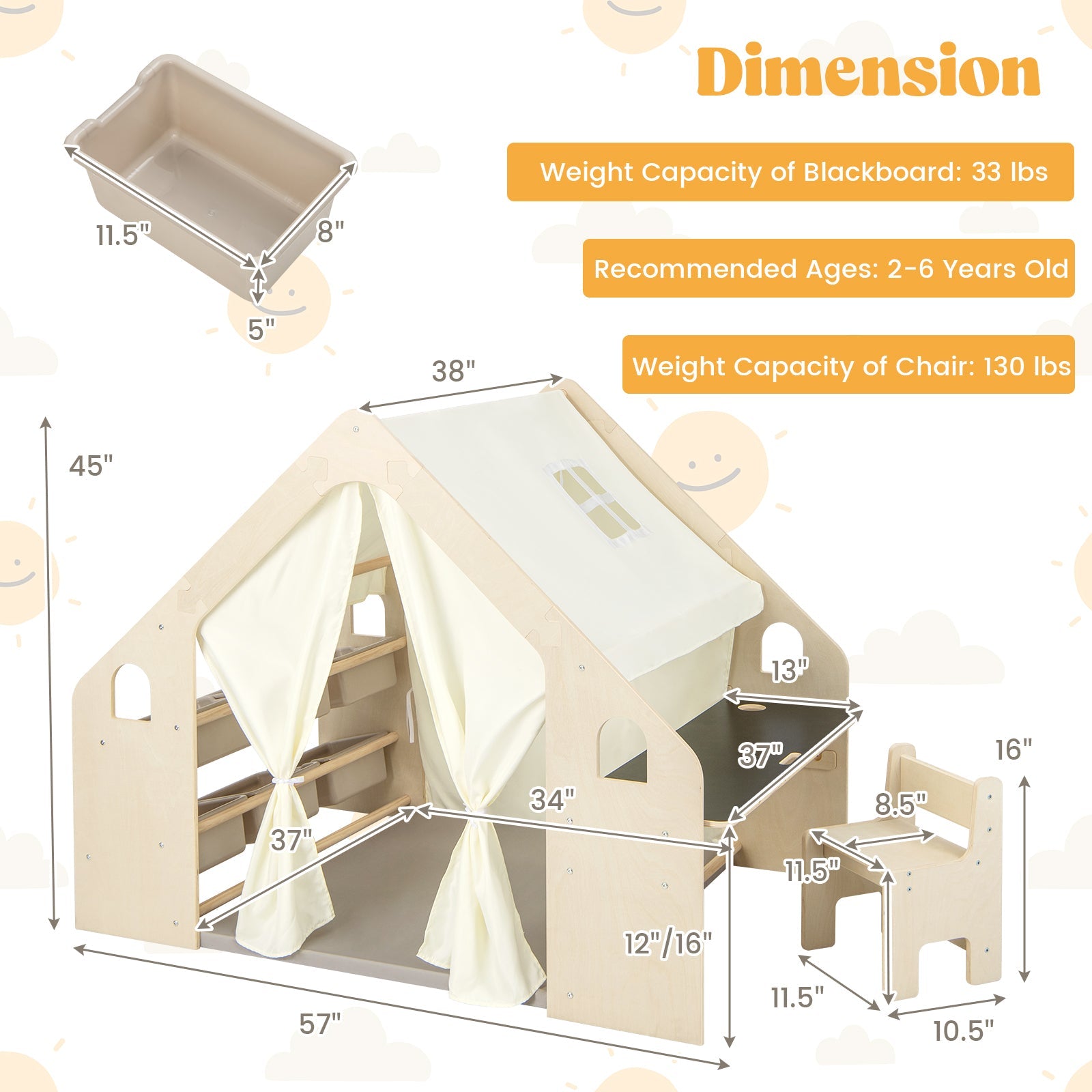 GBruno 6-in-1 Kids Play Tent Playhouse with Blackboard 6 Storage Bins and Floor Cushion-Beige