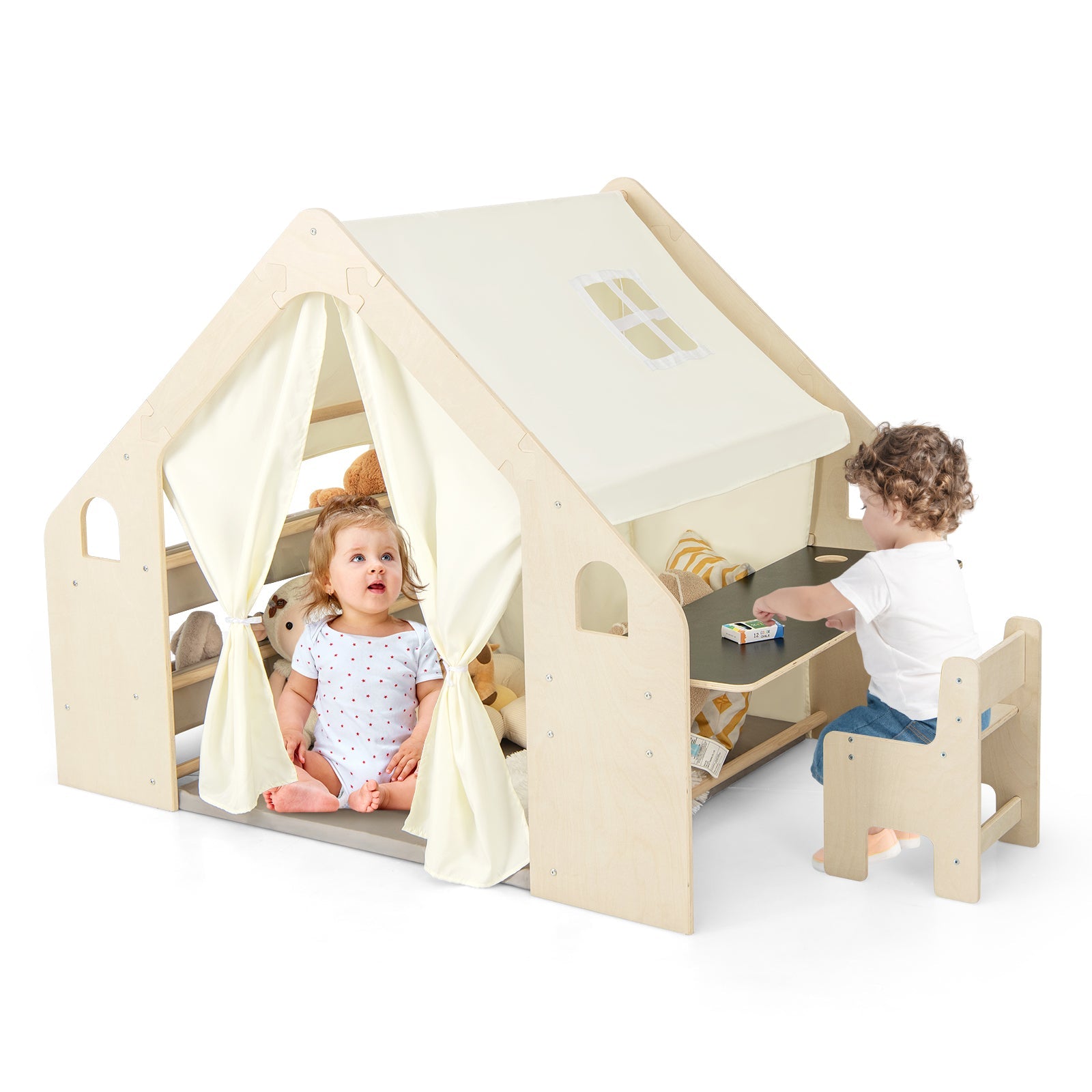 GBruno 6-in-1 Kids Play Tent Playhouse with Blackboard 6 Storage Bins and Floor Cushion-Beige