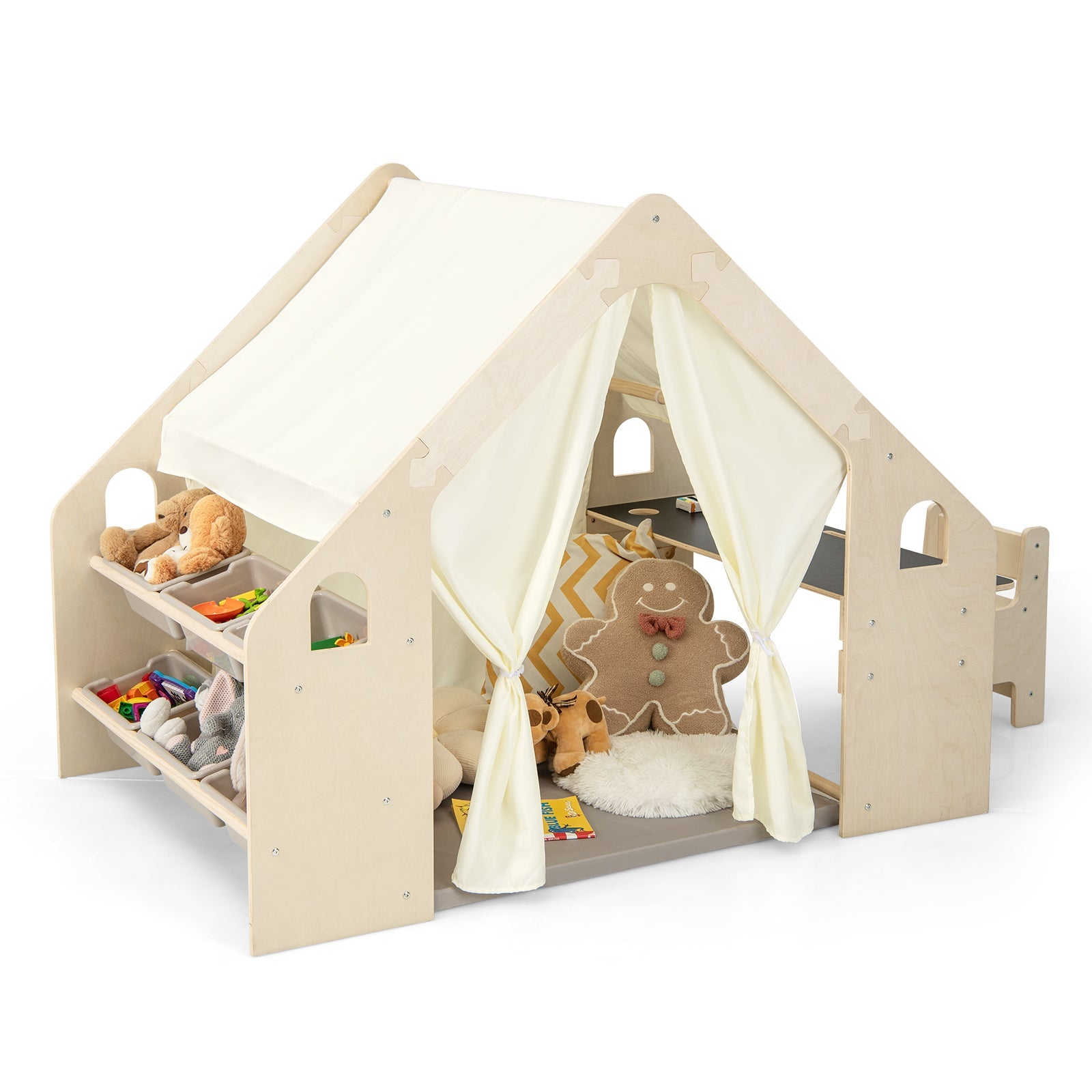 GBruno 6-in-1 Kids Play Tent Playhouse with Blackboard 6 Storage Bins and Floor Cushion-Beige