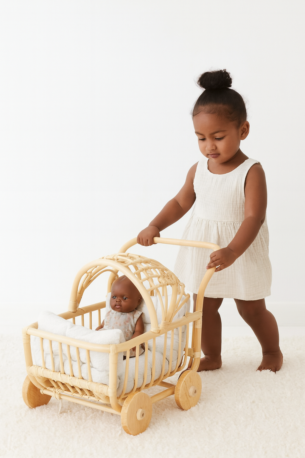 Lullaby Rattan Rattan Doll Stroller – Handmade Boho Doll Pram for Imaginative Play