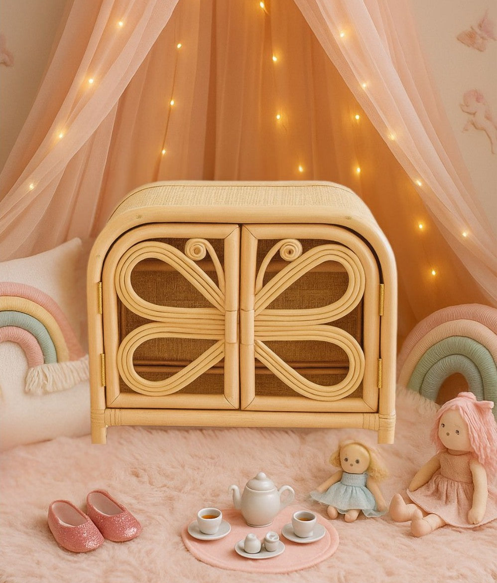 Lullaby Rattan Rattan Doll Clothes Wardrobe | Boho Butterfly Dresser for Kids | Eco-Friendly Nursery Decor
