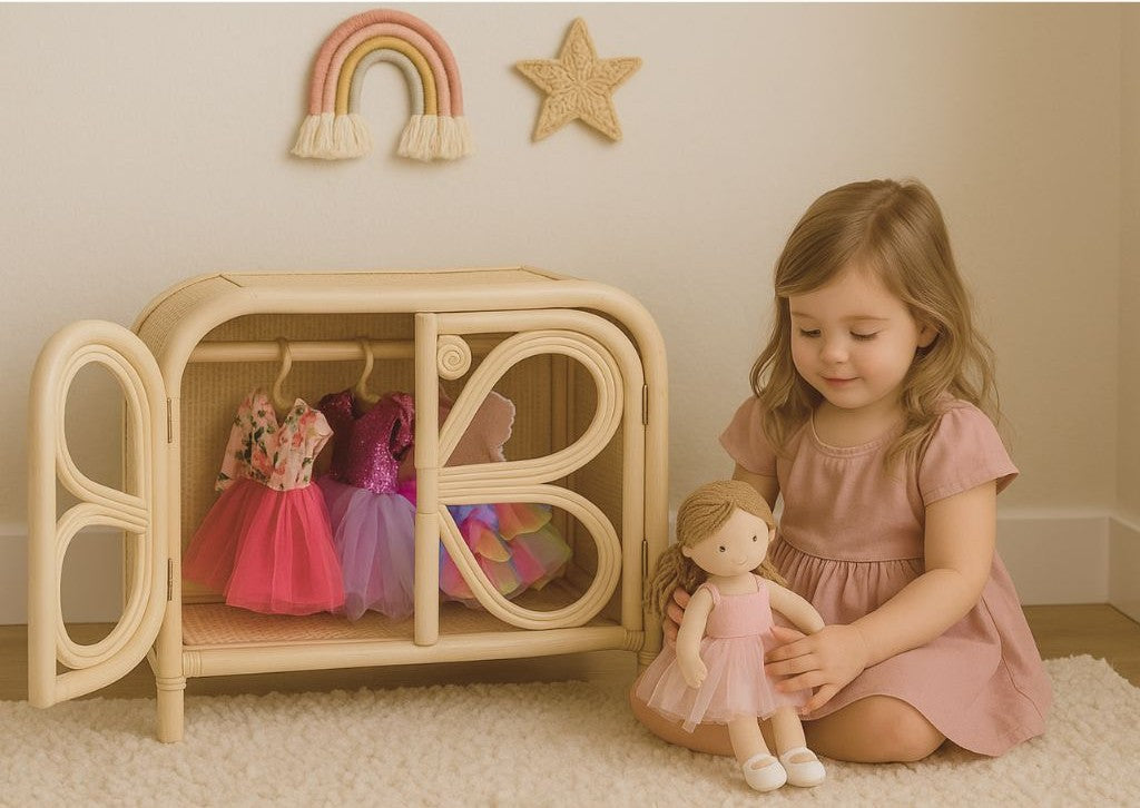 Lullaby Rattan Rattan Doll Clothes Wardrobe | Boho Butterfly Dresser for Kids | Eco-Friendly Nursery Decor
