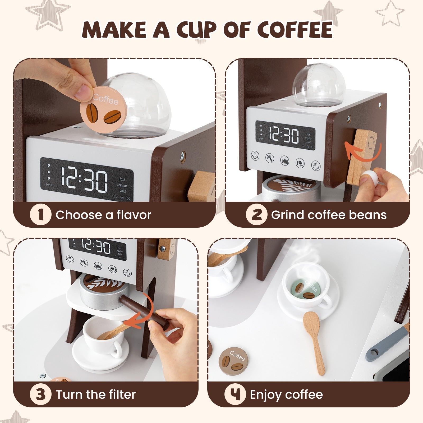 GBruno Corner Wooden Play Kitchen with Coffee Machine and Slide for Kids-Brown