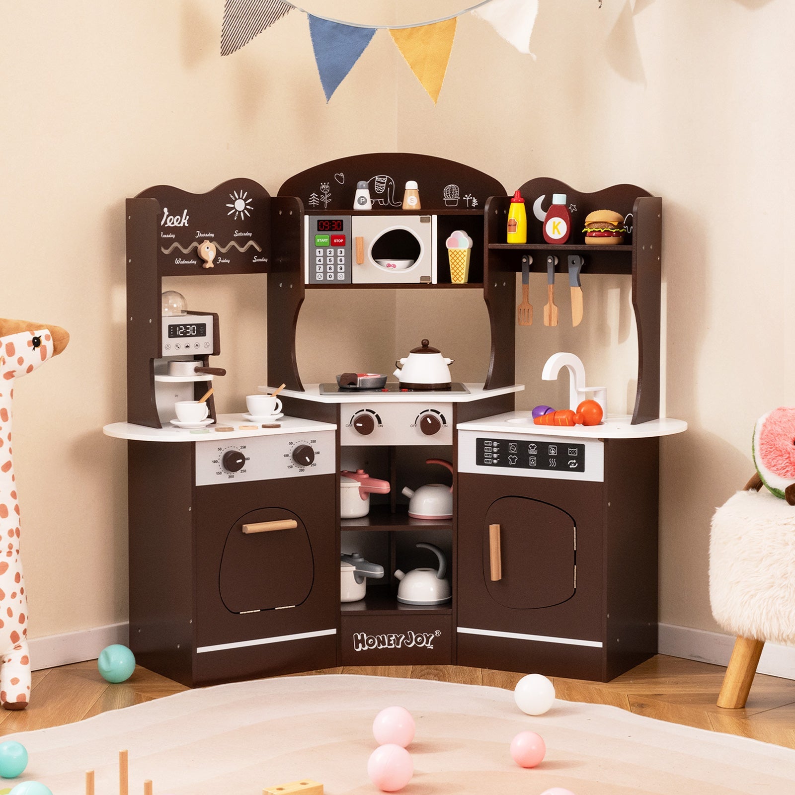 GBruno Corner Wooden Play Kitchen with Coffee Machine and Slide for Kids-Brown