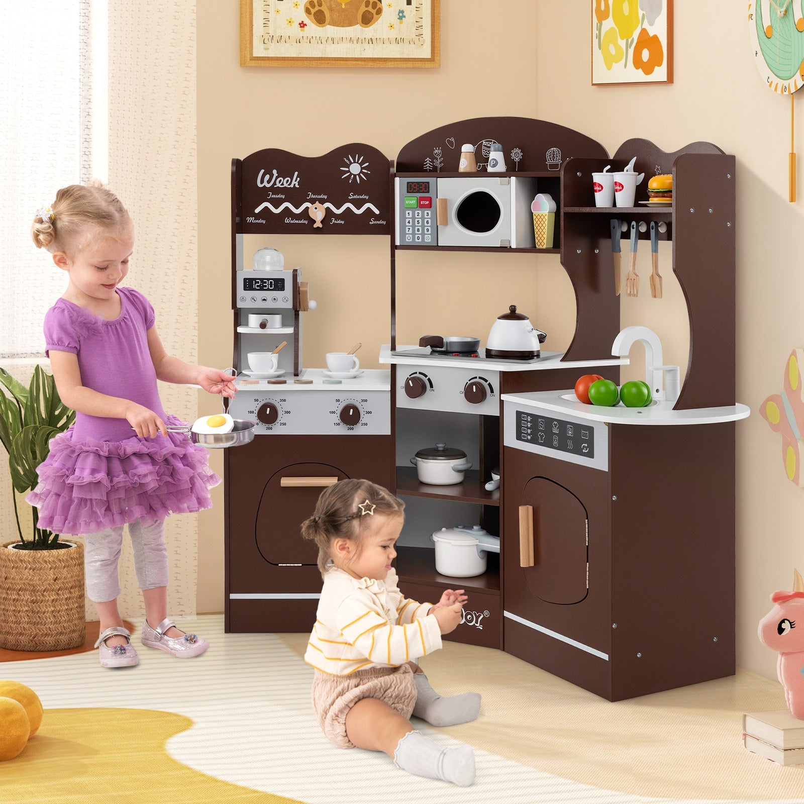 GBruno Corner Wooden Play Kitchen with Coffee Machine and Slide for Kids-Brown