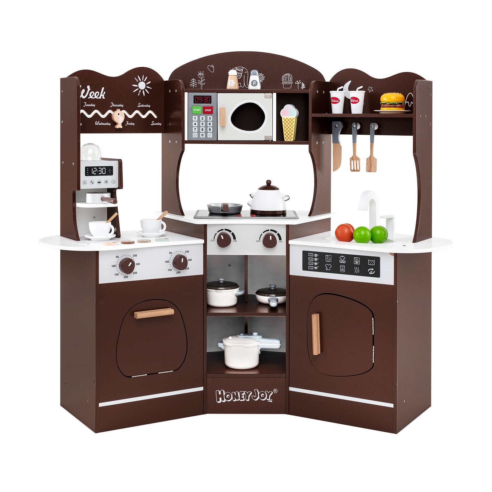 GBruno Corner Wooden Play Kitchen with Coffee Machine and Slide for Kids-Brown
