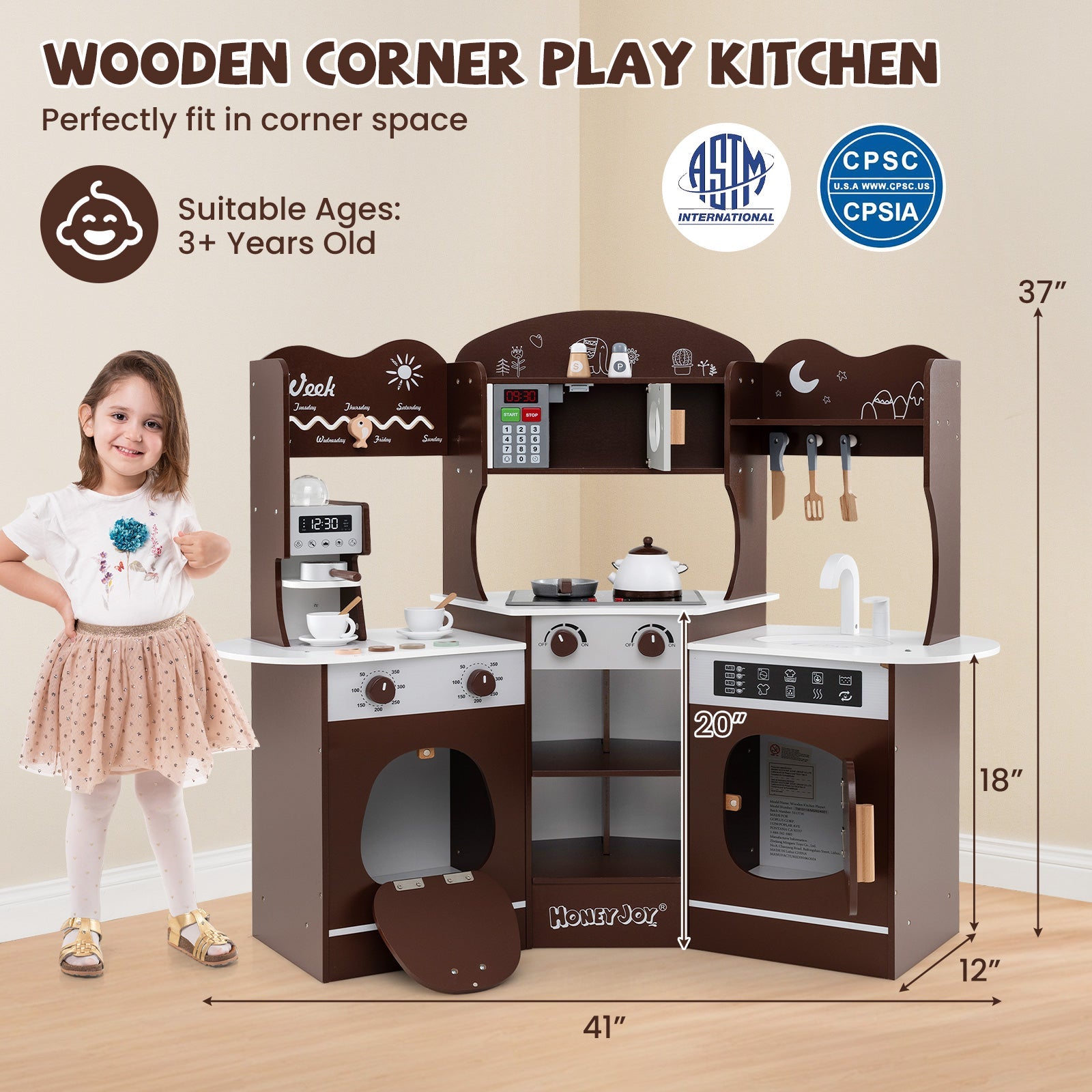 GBruno Corner Wooden Play Kitchen with Coffee Machine and Slide for Kids-Brown