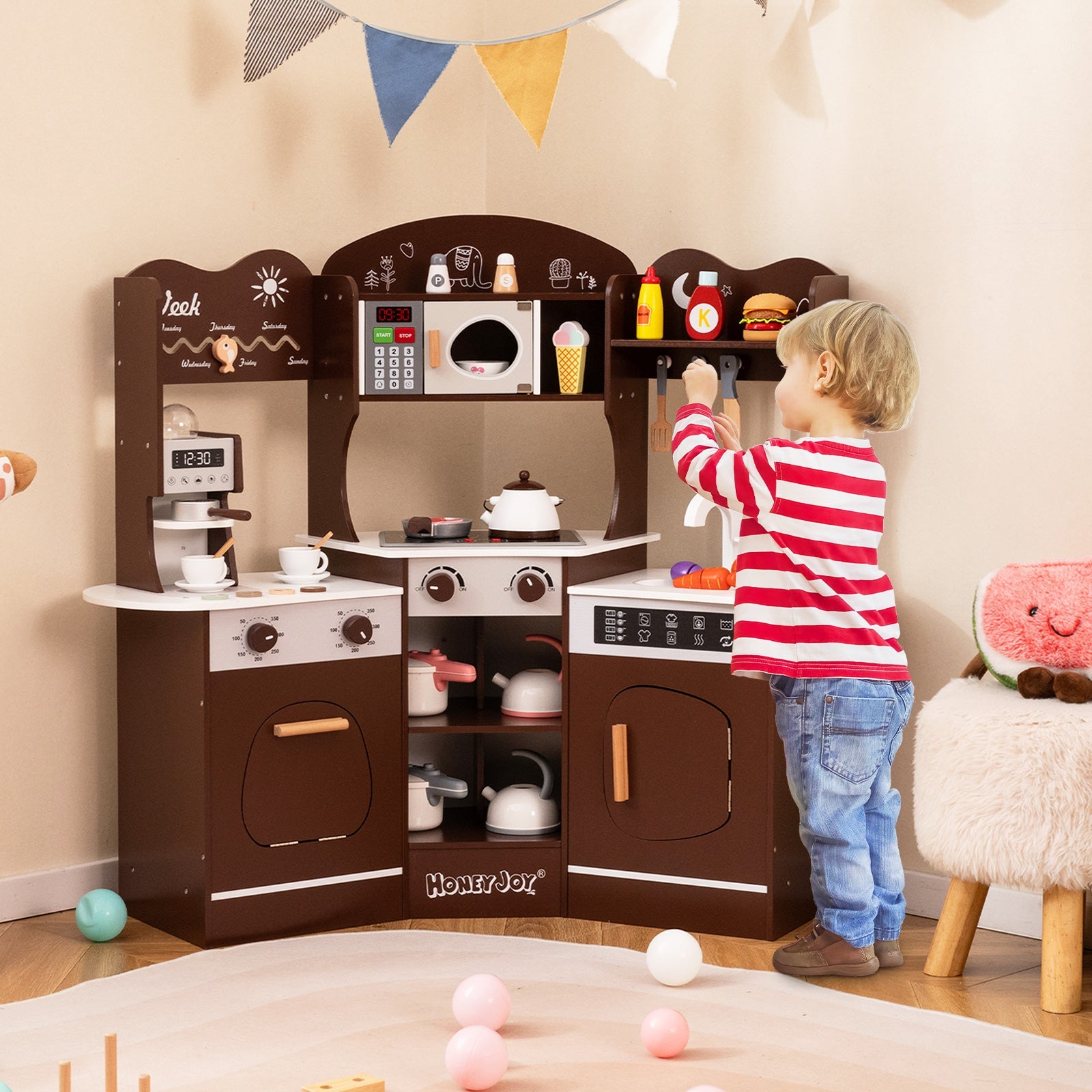 GBruno Corner Wooden Play Kitchen with Coffee Machine and Slide for Kids-Brown