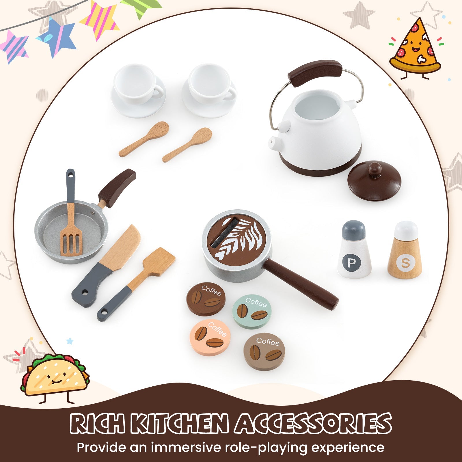 GBruno Corner Wooden Play Kitchen with Coffee Machine and Slide for Kids-Brown