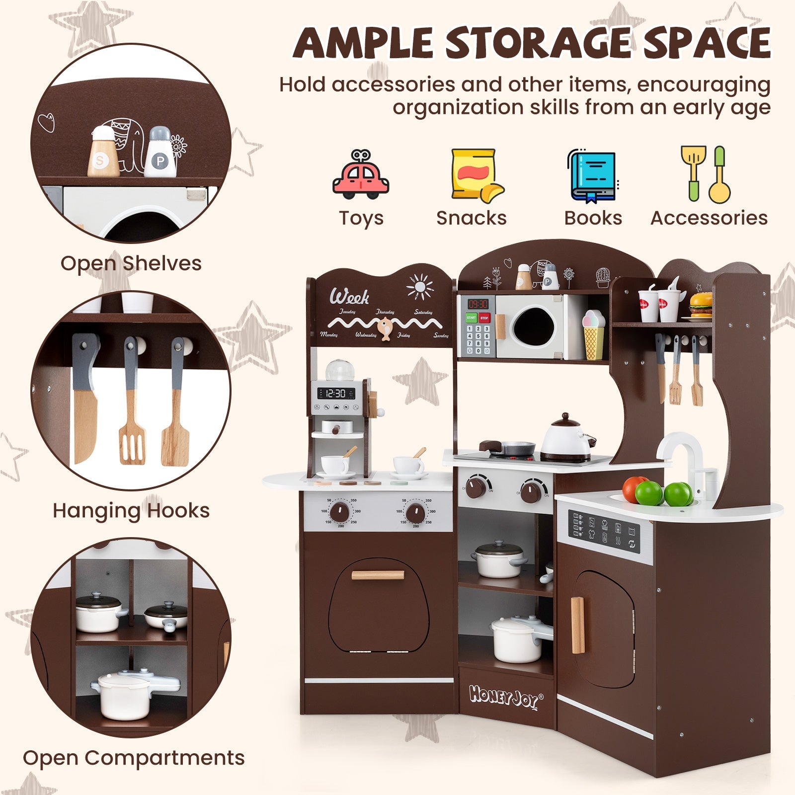 GBruno Corner Wooden Play Kitchen with Coffee Machine and Slide for Kids-Brown
