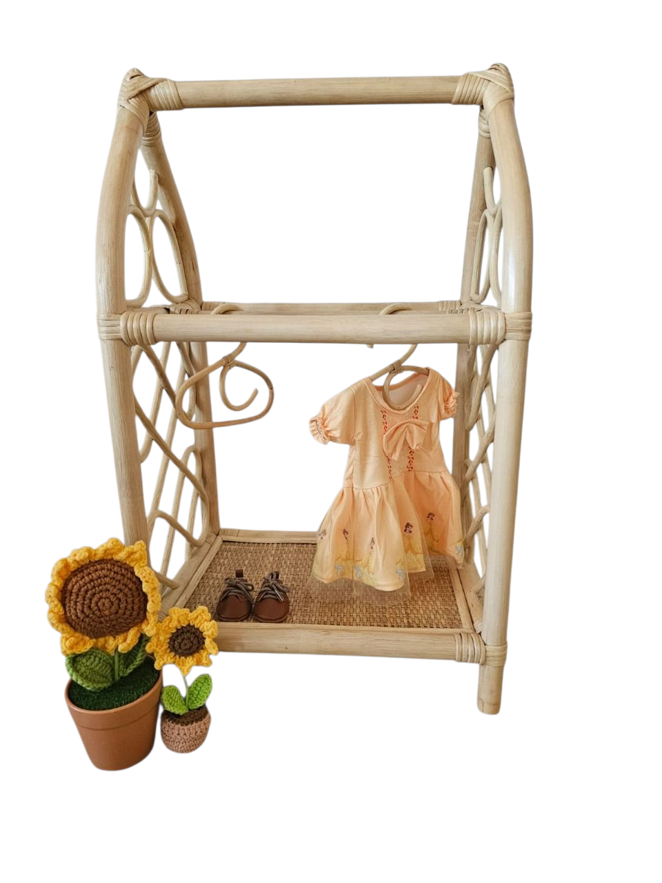 Lullaby Rattan Rattan Doll Clothes Rack with Mini Hangers – Boho Pretend Play Closet for Girls