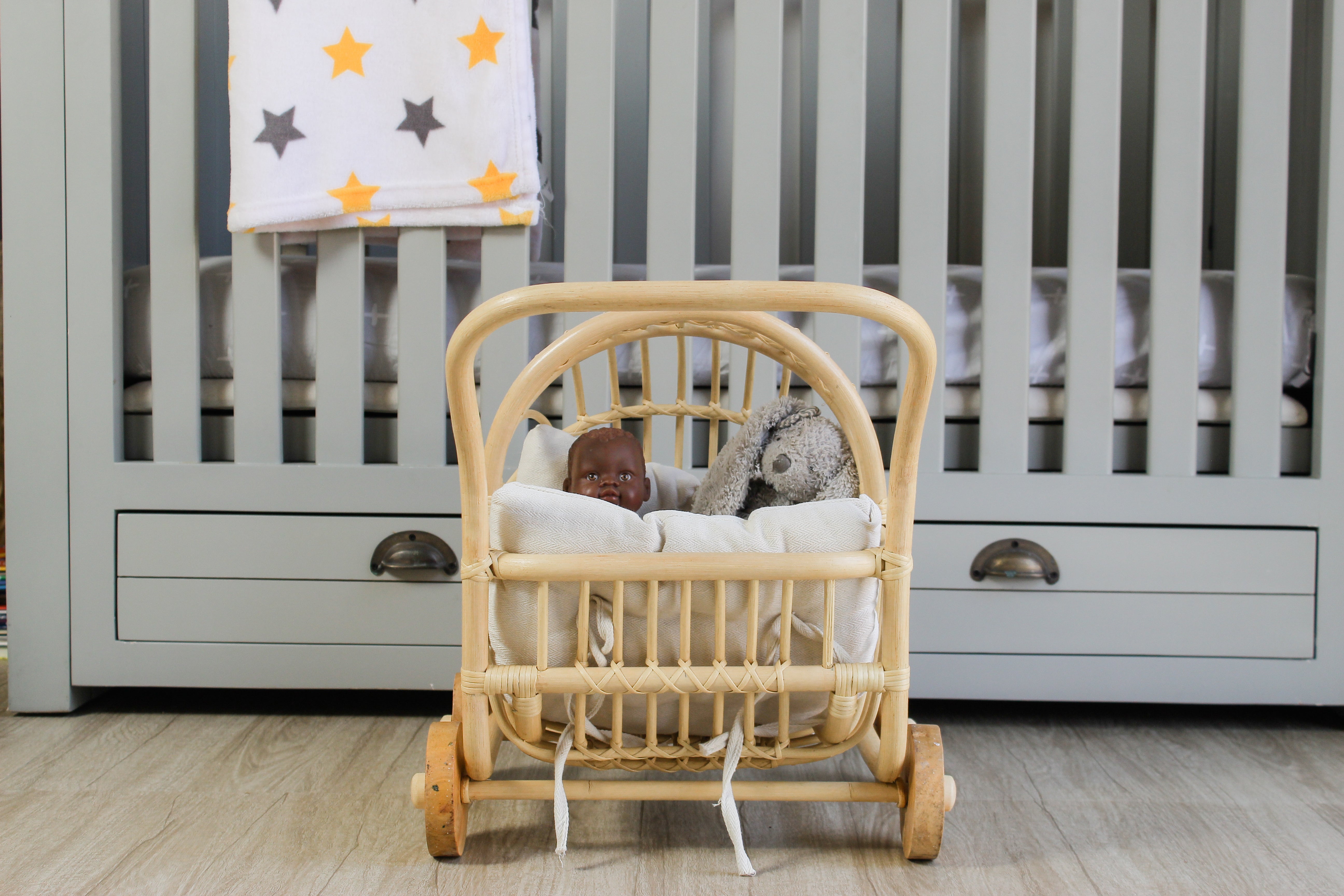 Lullaby Rattan Rattan Doll Stroller – Handmade Boho Doll Pram for Imaginative Play
